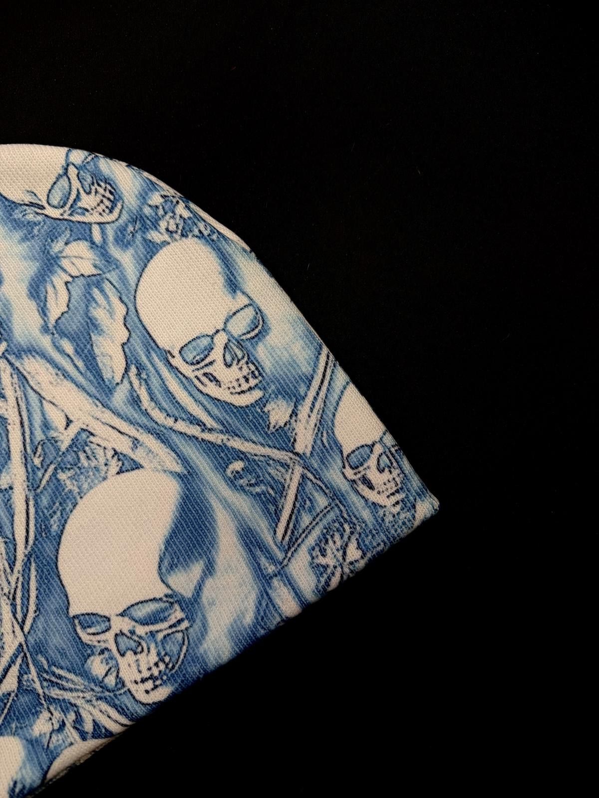 Japanese Brand Rare Y2K Liquid Blue Skull Print No Cuff Knit Beanie Hat OS Size ONE SIZE - 2 Thumbnail