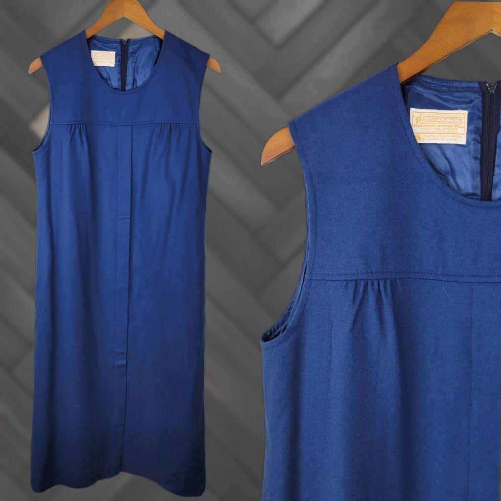 VINTAGE Pendleton Dress Blue Virgin Wool Pleated Sleeveless USA Jumper Shirt Dress 90s 80s 70s Womens