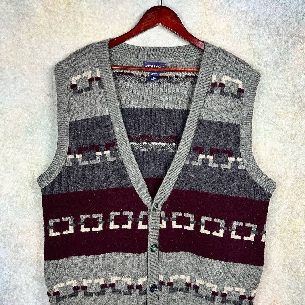 Vintage Vintage 90s Knit Cardigan Vest M Gray Native Print Western Size US M / EU 48-50 / 2 - 2 Thumbnail