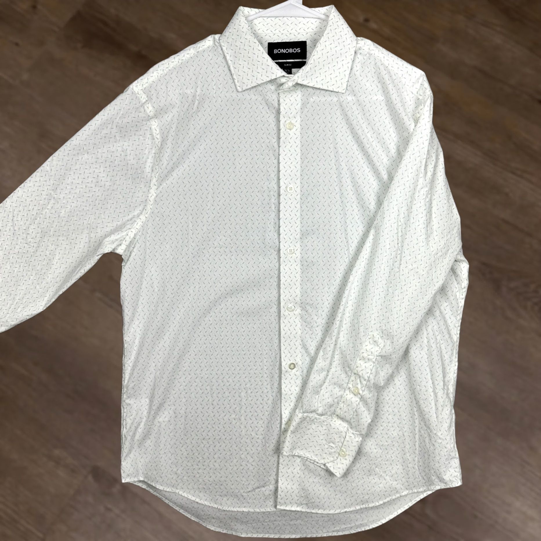 Bonobos Bonobos Shirt Mens 16.5-33 White Teal Slim Fit Dress Geometric Button Up Stretch Size 46R - 1 Thumbnail