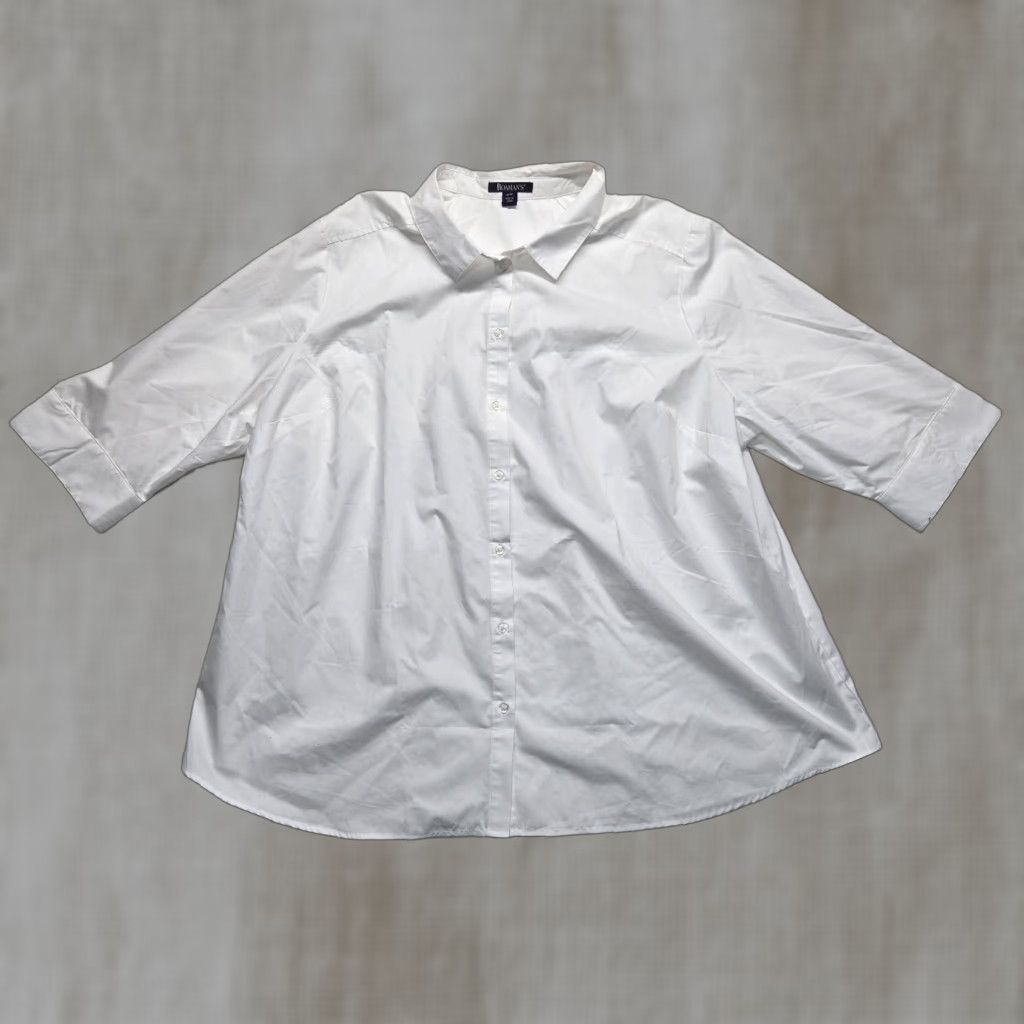 Vintage Roaman's White Button-Up Shirt Dress Women 30W Plus Button-Front Collared Tunic Work Casual Holiday 90s Elegant Professional Chic Bohemian Size 4XL / US 24-26 - 1 Thumbnail
