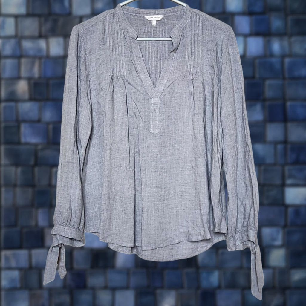 Lucky Brand Lucky Brand Womens Blouse Shirt Long Sleeve Gray S Popover Tie Up Sleeve Split Neck Top - 100% Rayon Size S / US 4 / IT 40 - 1 Thumbnail