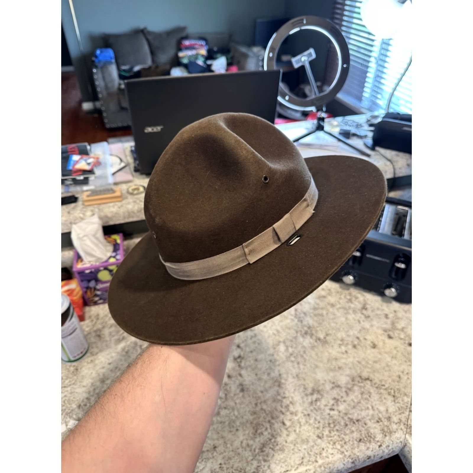 FELT VINTAGE Stratton Self Forming Drill Sergeant Instructor Wool Felt Hat 7 1/4 USA Size ONE SIZE - 2 Thumbnail