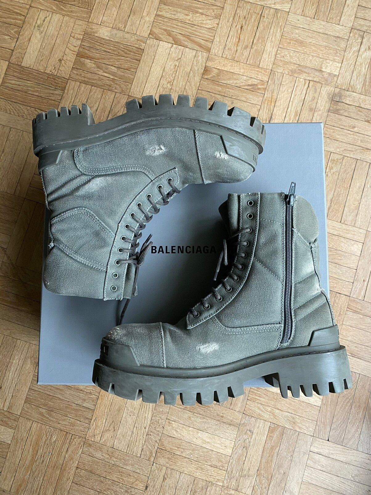 Pre-owned Balenciaga Strike Cotton Canvas Distressed Boots In Grey
