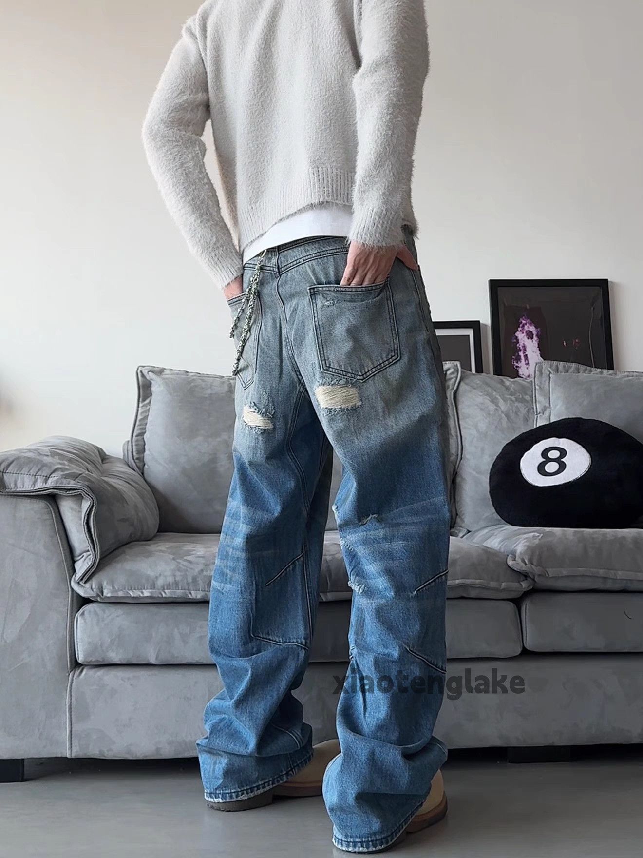 Jean × Vintage washed faded loose baggy stain rusty damaged jeans Size US 30 / EU 46 - 2 Thumbnail