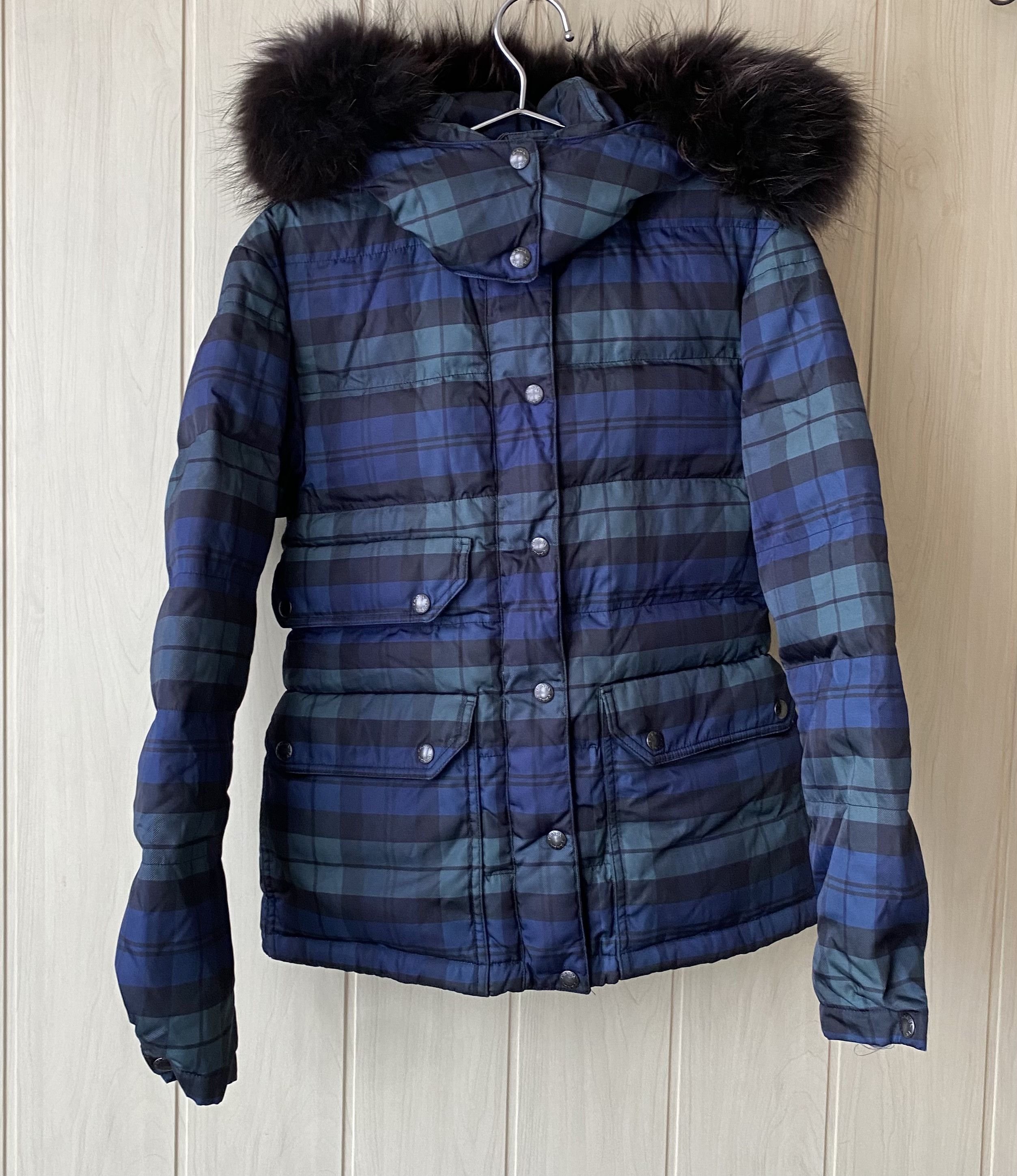 image of Prada Checked Racoon Down Jacket in Green/Blue, Women's (Size Small)