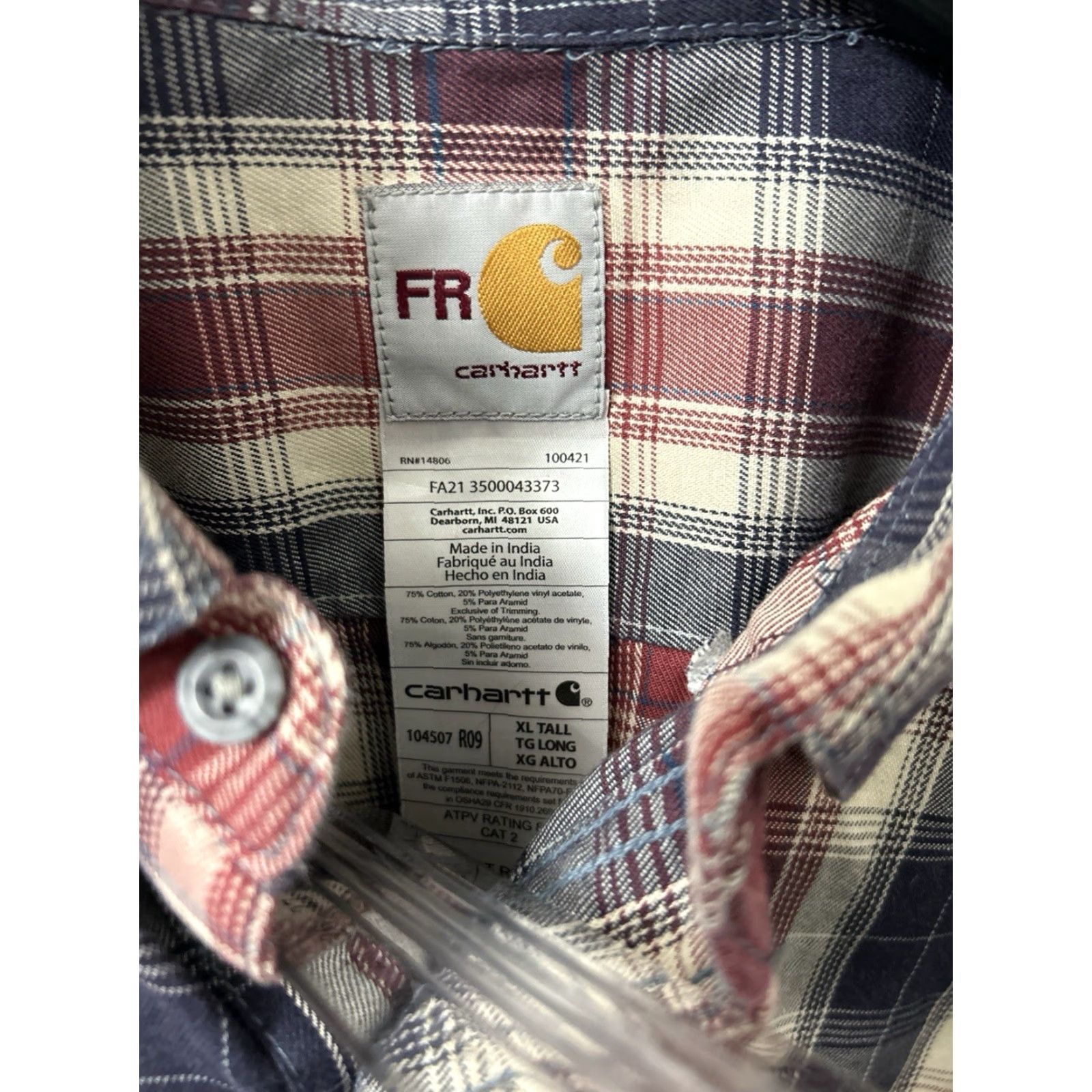 Carhartt Carhartt Shirt Mens XL Tall Red Navy Plaid FR Flame-Resistant CAT2 L/S 104507 Size US XL / EU 56 / 4 - 5 Thumbnail