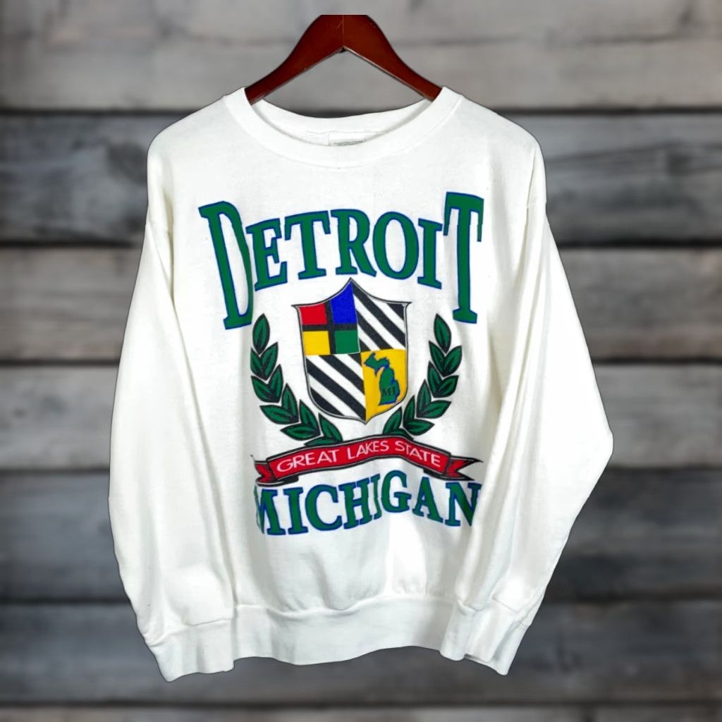 VINTAGE Detroit Michigan Great Lakes State Sweatshirt Adult Large White Tultex Tag Crew Neck Pullover Graphic Print 90s City Retro Mens