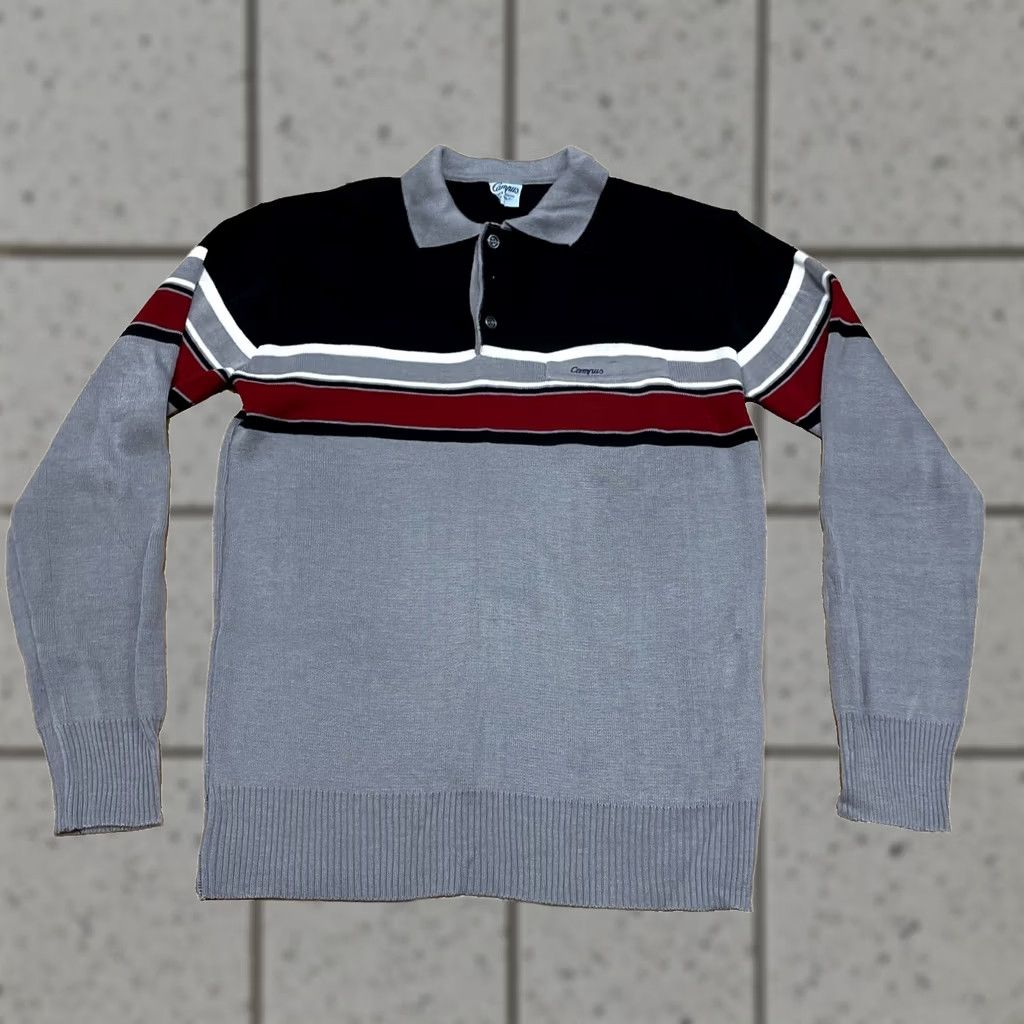Vintage CAMPUS Polo Shirt Men L Gray Black Red Stripe Knit Vintage 1970s Classic Polo Shirt Mens Size US L / EU 52-54 / 3 - 1 Thumbnail