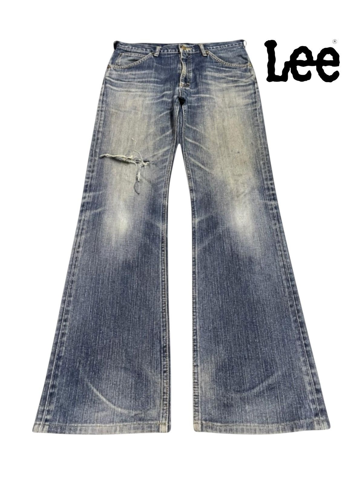Lee Vintage Lee Blue Faded Wash Distressed Style Wide Leg Jeans Size US 34 / EU 50 - 1 Thumbnail