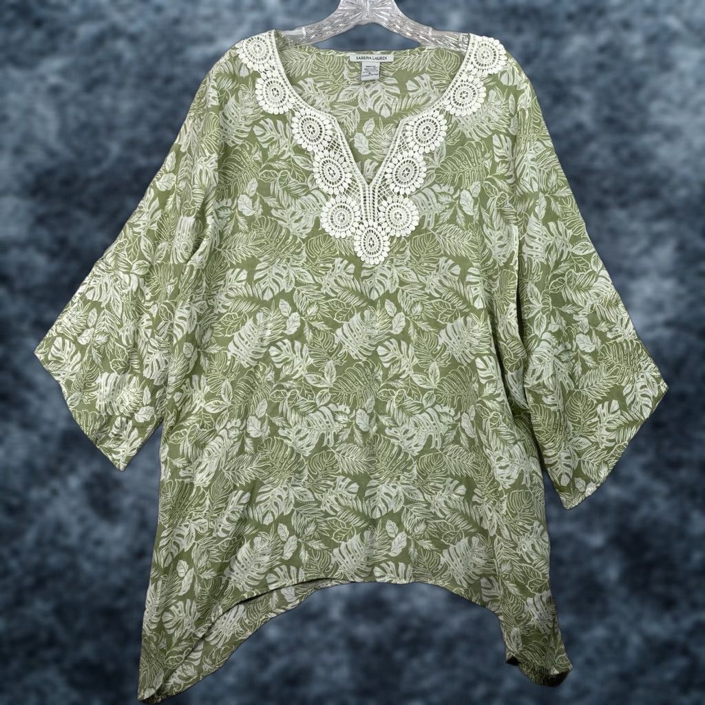 Vintage Sabrina Lauren Top Womens XL Green Floral Tropical Lightweight Crochet V Neck Size XL / US 12-14 / IT 48-50 - 1 Thumbnail