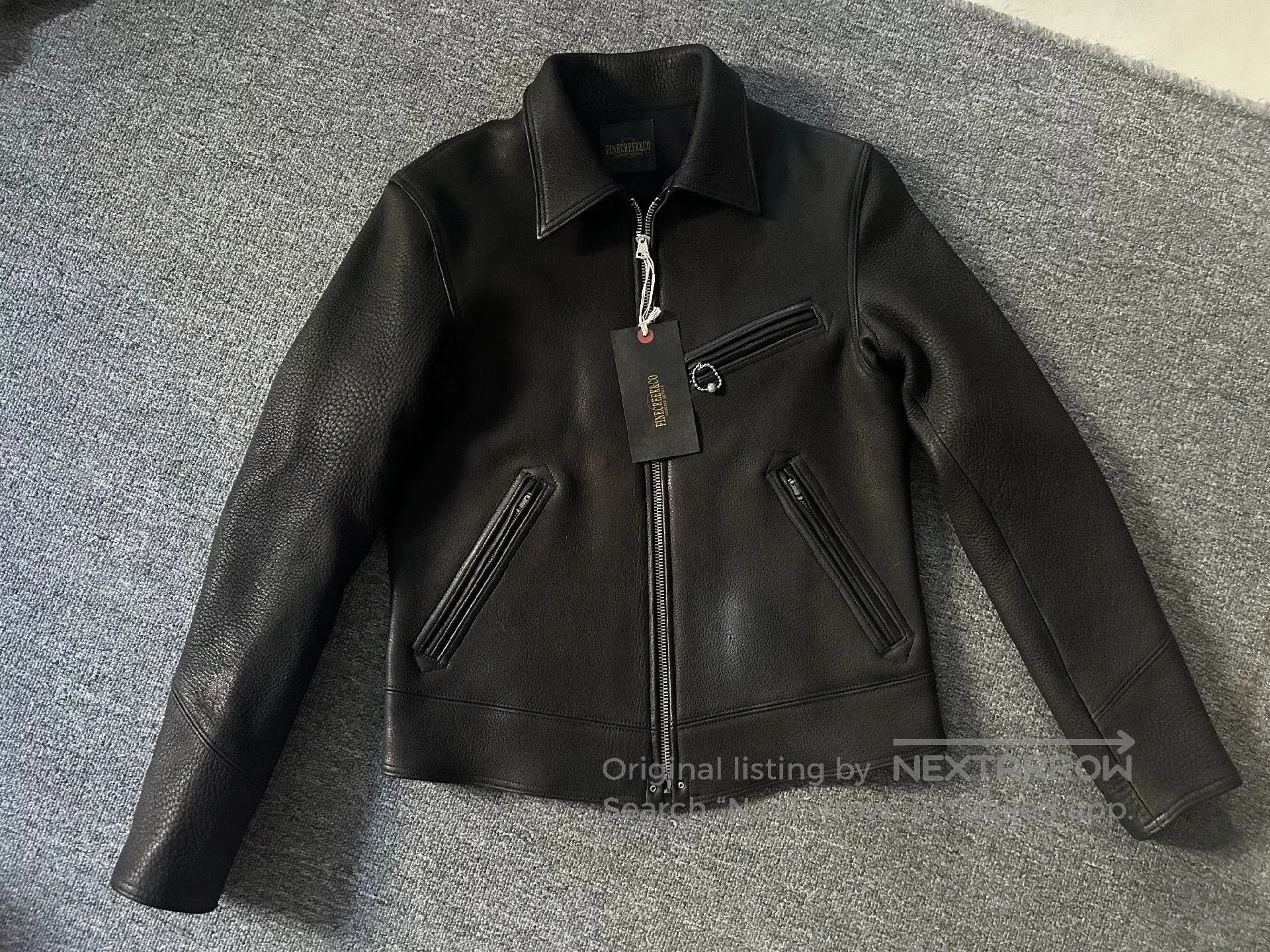 fine creek leather jacket in black.