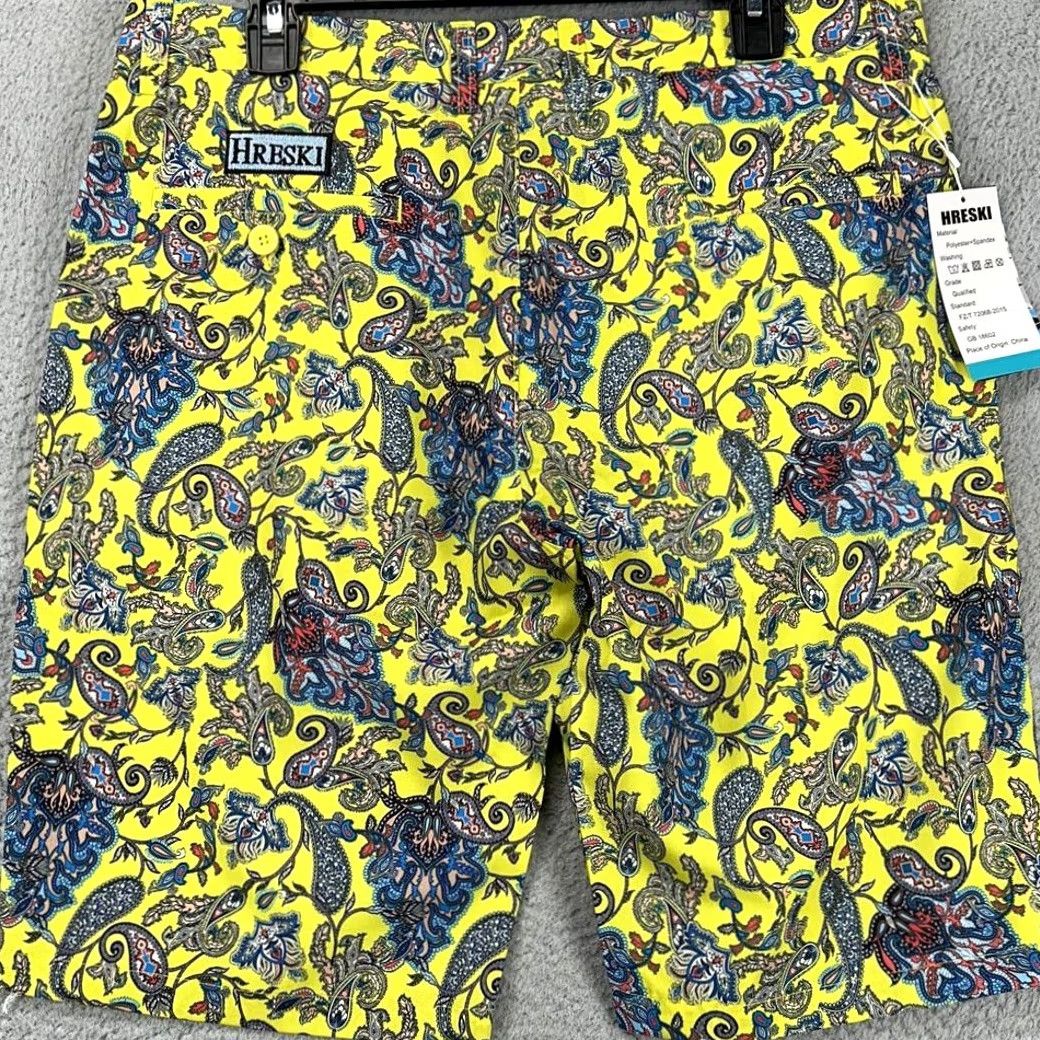 Vintage Hreski Shorts Mens 34 Yellow Paisley Performance Chino Golf Stretch Pockets NEW Size US 34 / EU 50 - 2 Thumbnail
