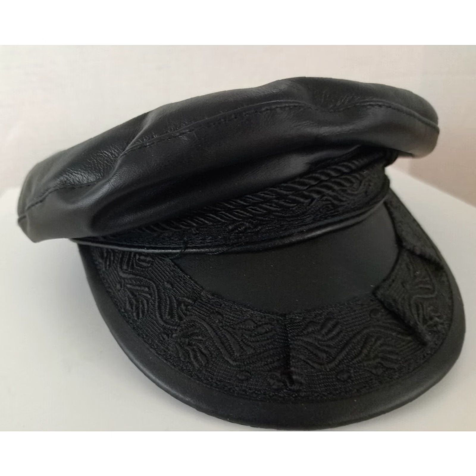 Vintage VINTAGE Genuone Leather Hat Ladies Leather with Trim Motorcycle USA Made Large Black Unisex Adults L Leather Motorcycle Historical 90s Mens Women Size ONE SIZE - 2 Thumbnail