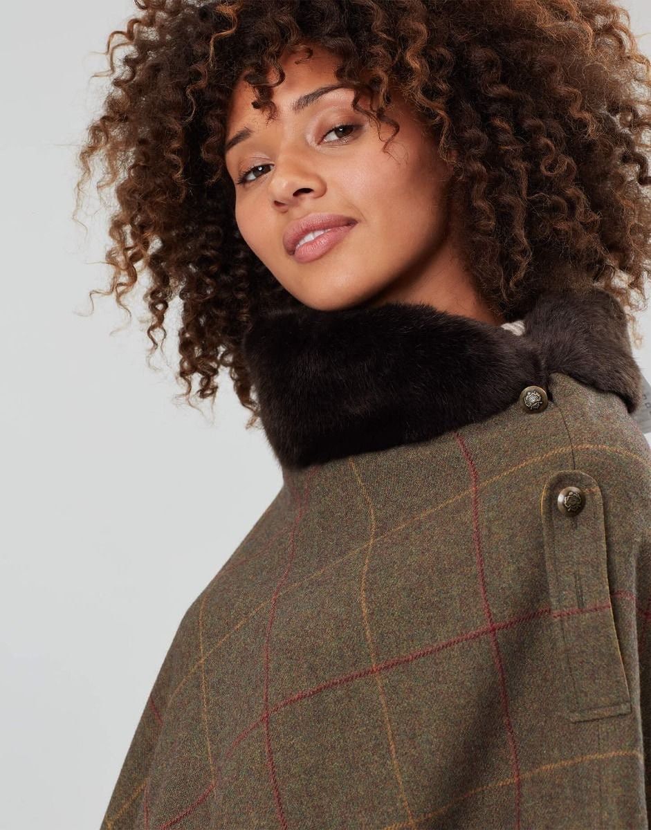 Harris Tweed Joules Hazelwood New Poncho Femme Brown Tweed Fur Jacket Size ONE SIZE - 1 Thumbnail