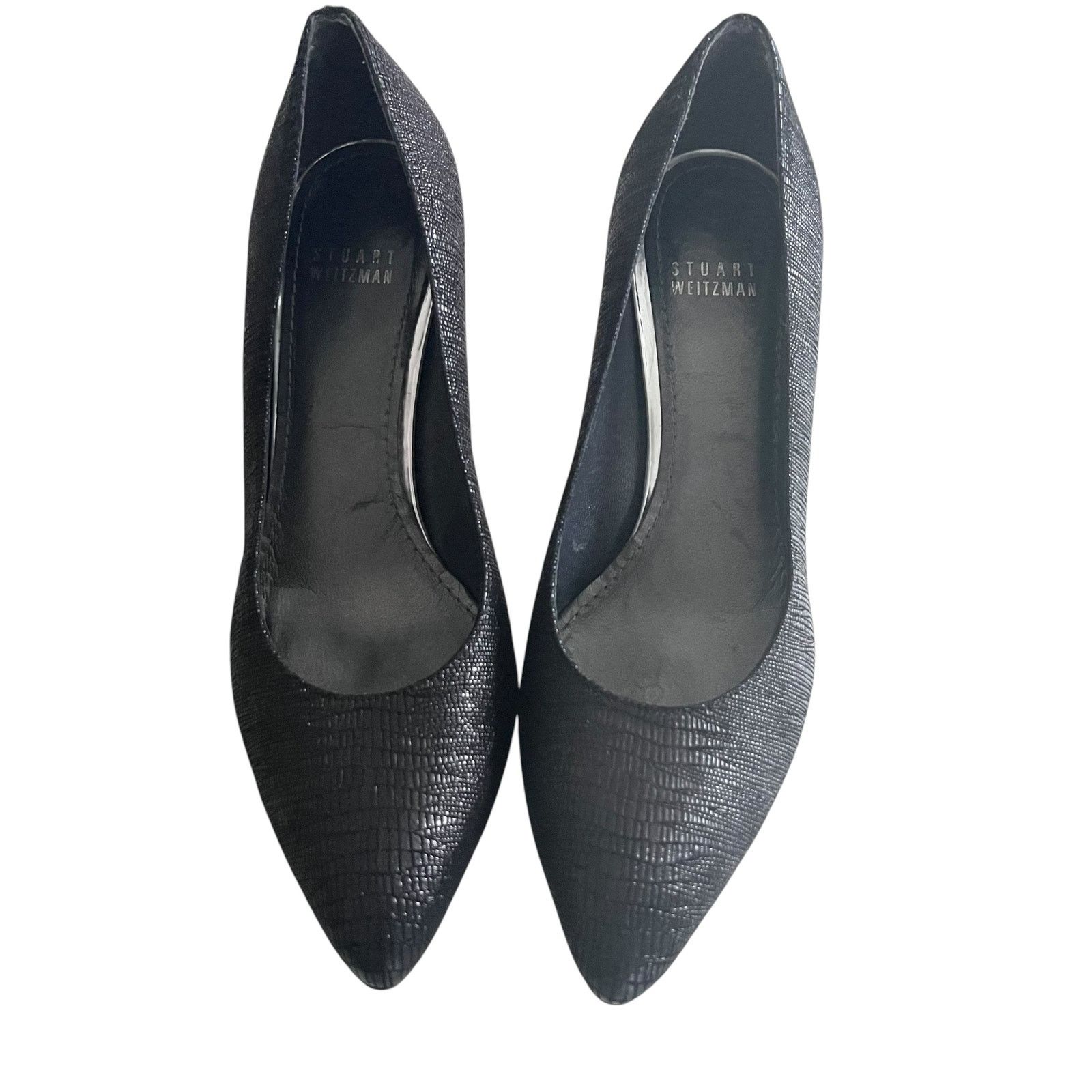 Stuart Weitzman Stuart Weitzman Black Curvia Textured Pointed Toe Pumps Size US 7.5 / IT 37.5 - 2 Thumbnail