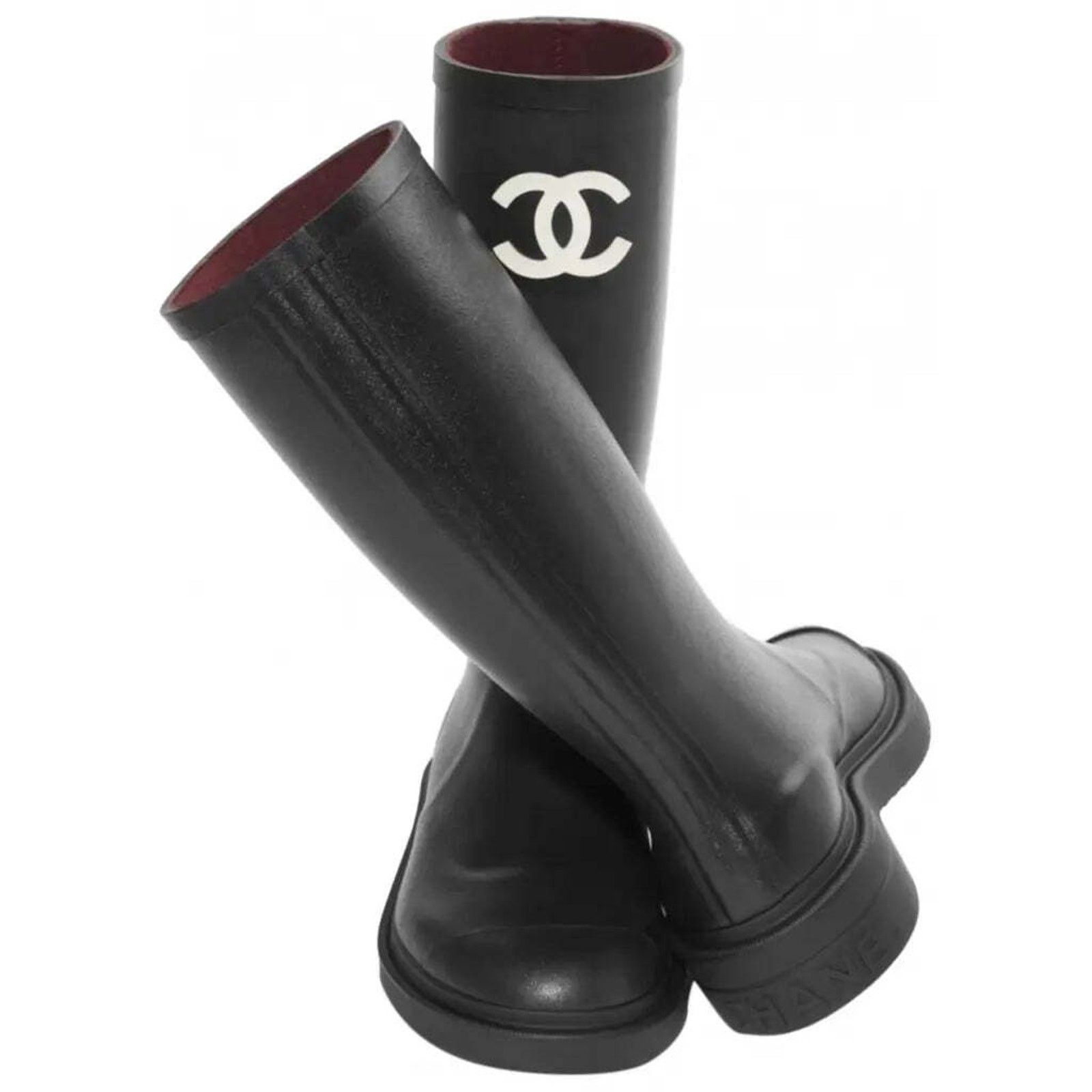 Chanel Chanel 22A Black White CC Logo High Rubber Rain Boots 42 Size US 12 / IT 42 - 1 Thumbnail