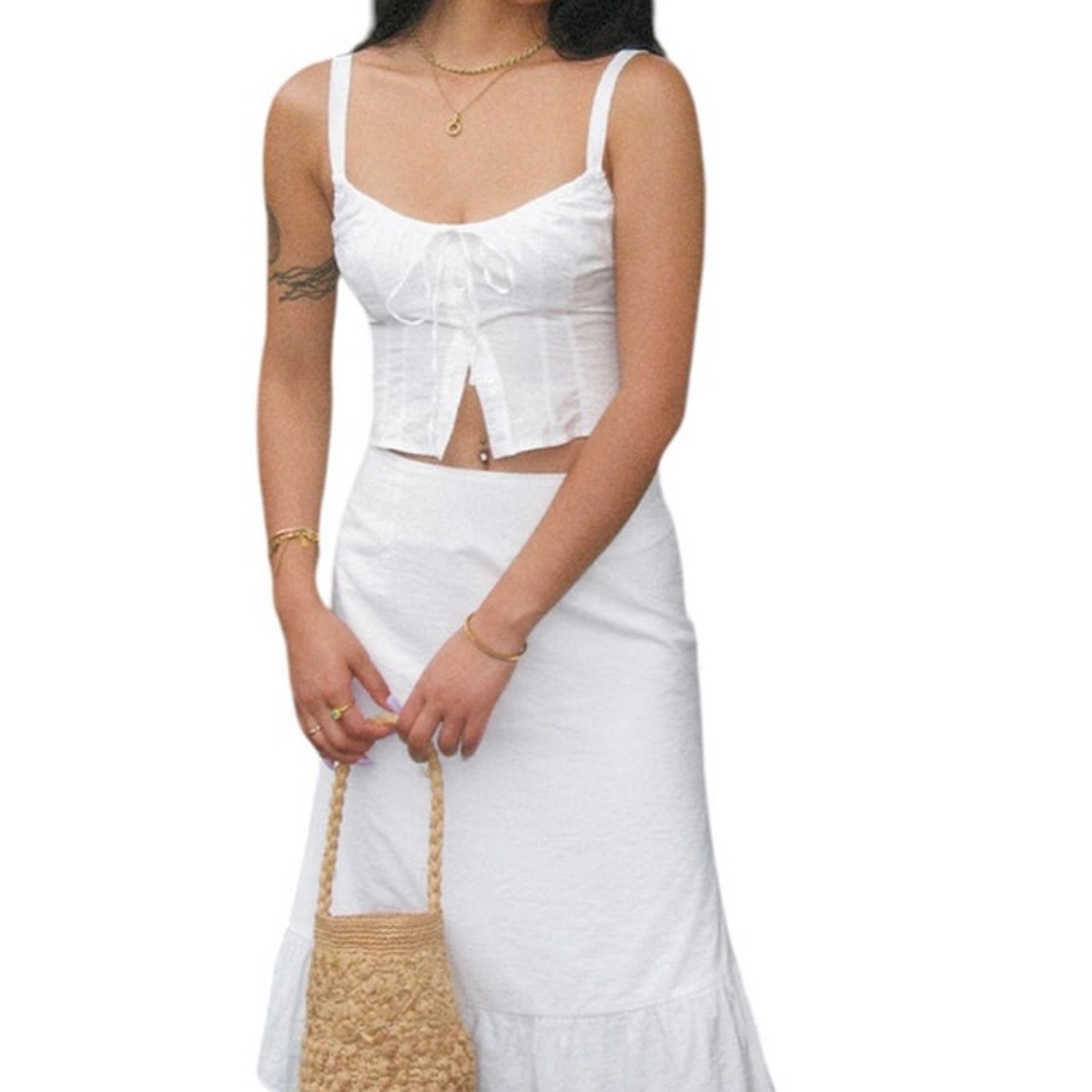 Other Commense White Cowgirl Corset Sleeveless Top Midi Skirt Set Size 29" - 4 Thumbnail