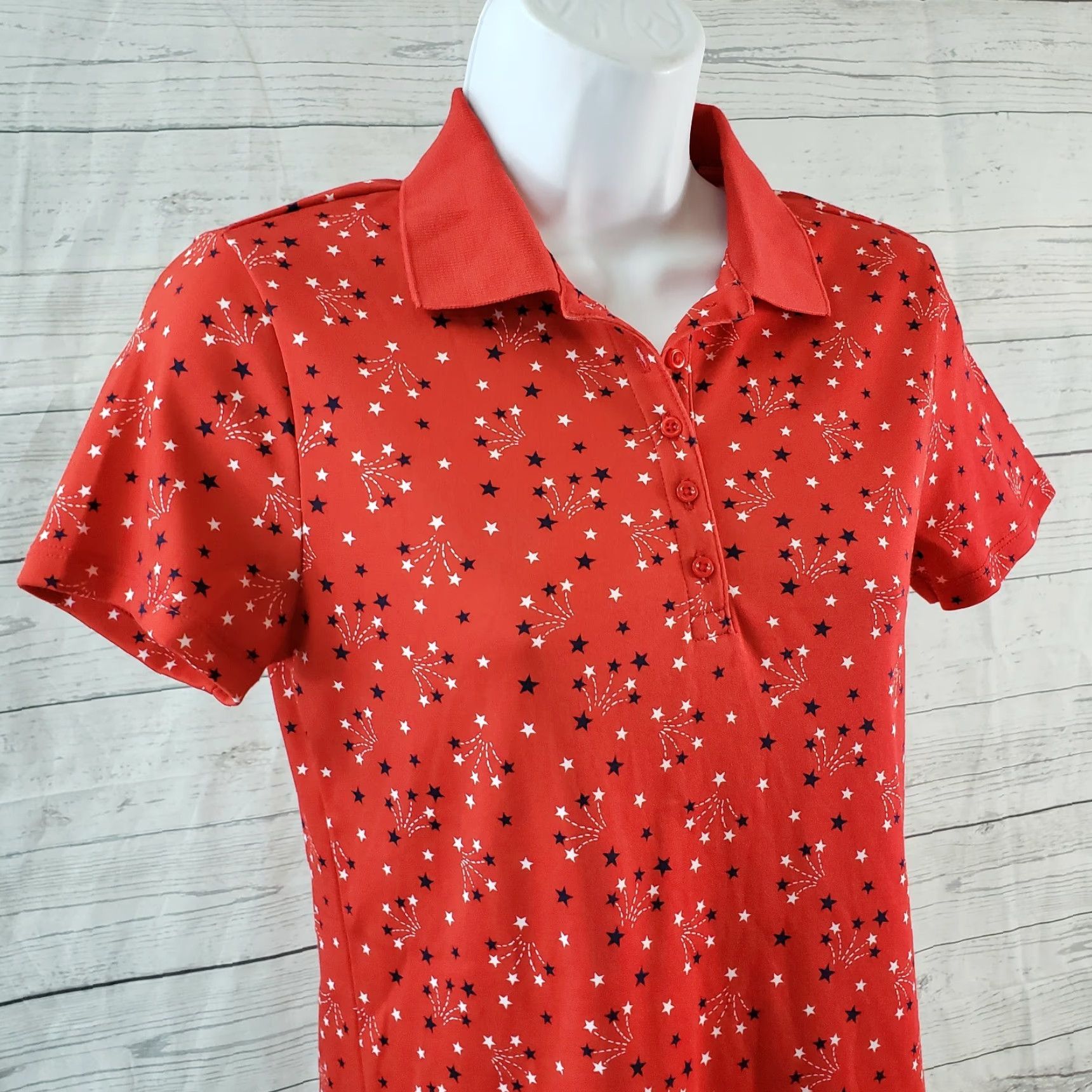 Lands' End VINTAGE? Lands End Polo Womens XS Red Star Print Short Sleeve Cotton Size 26" / US 2 / IT 38 - 2 Thumbnail
