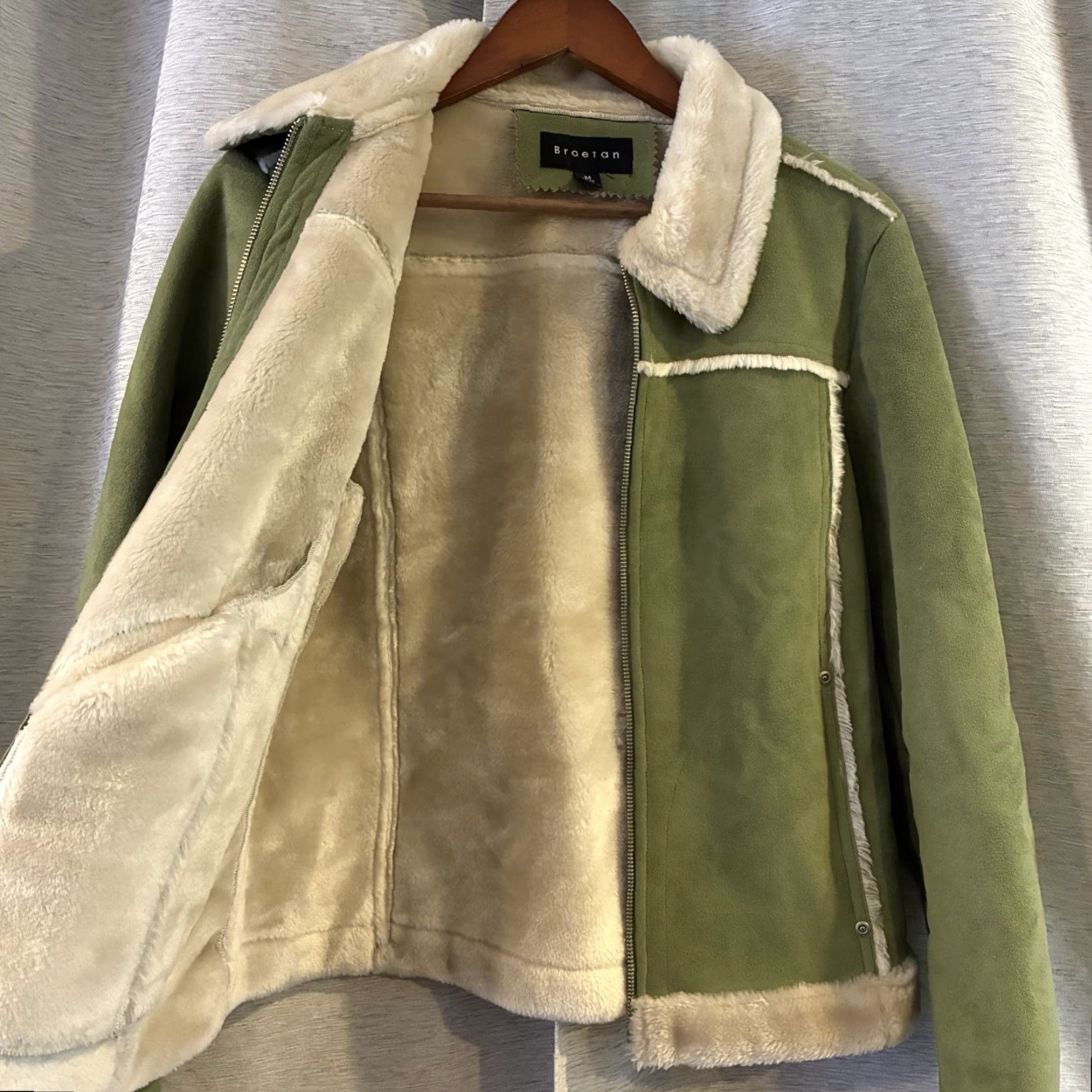 Penn VINTAGE Braetan Coat Womens M Green Faux Suede Fur Collar Boho Hippie 80s 90s 70s 60s Vintage Basic Jacket Pockets Collared Fall Winter Size M / US 6-8 / IT 42-44 - 2 Thumbnail