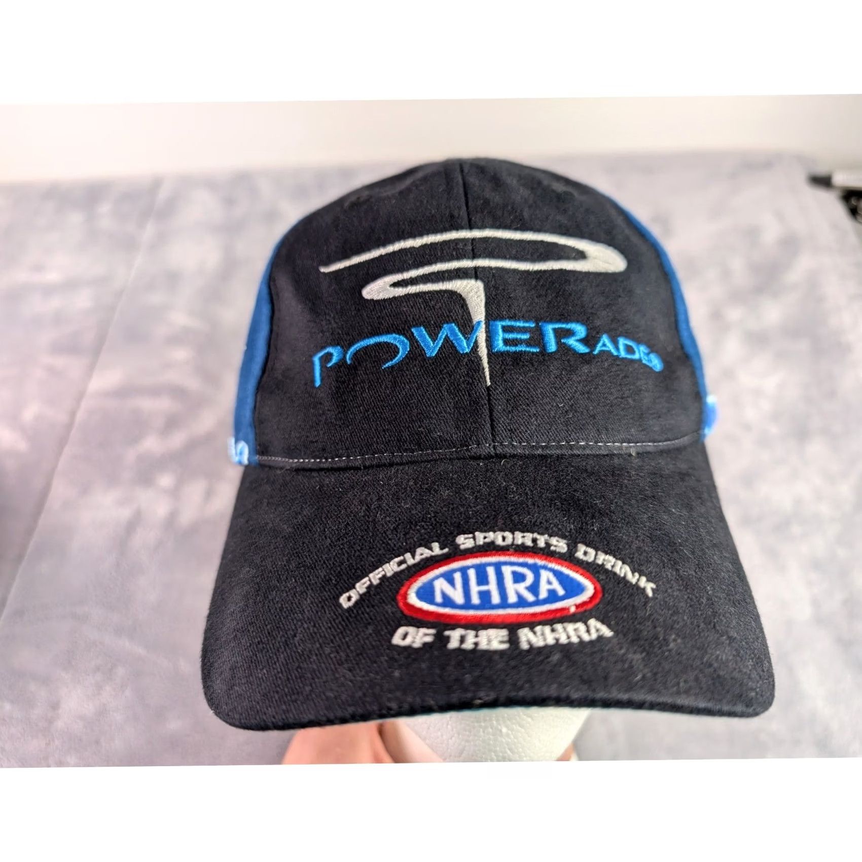 Vintage VINTAGE NHRA Powerade Official Sports Drink Hat Main Gate Black Blue Flame Splash Cap Baseball Cap Men One Size Twill Cotton Adjustable Cap Size ONE SIZE - 4 Thumbnail