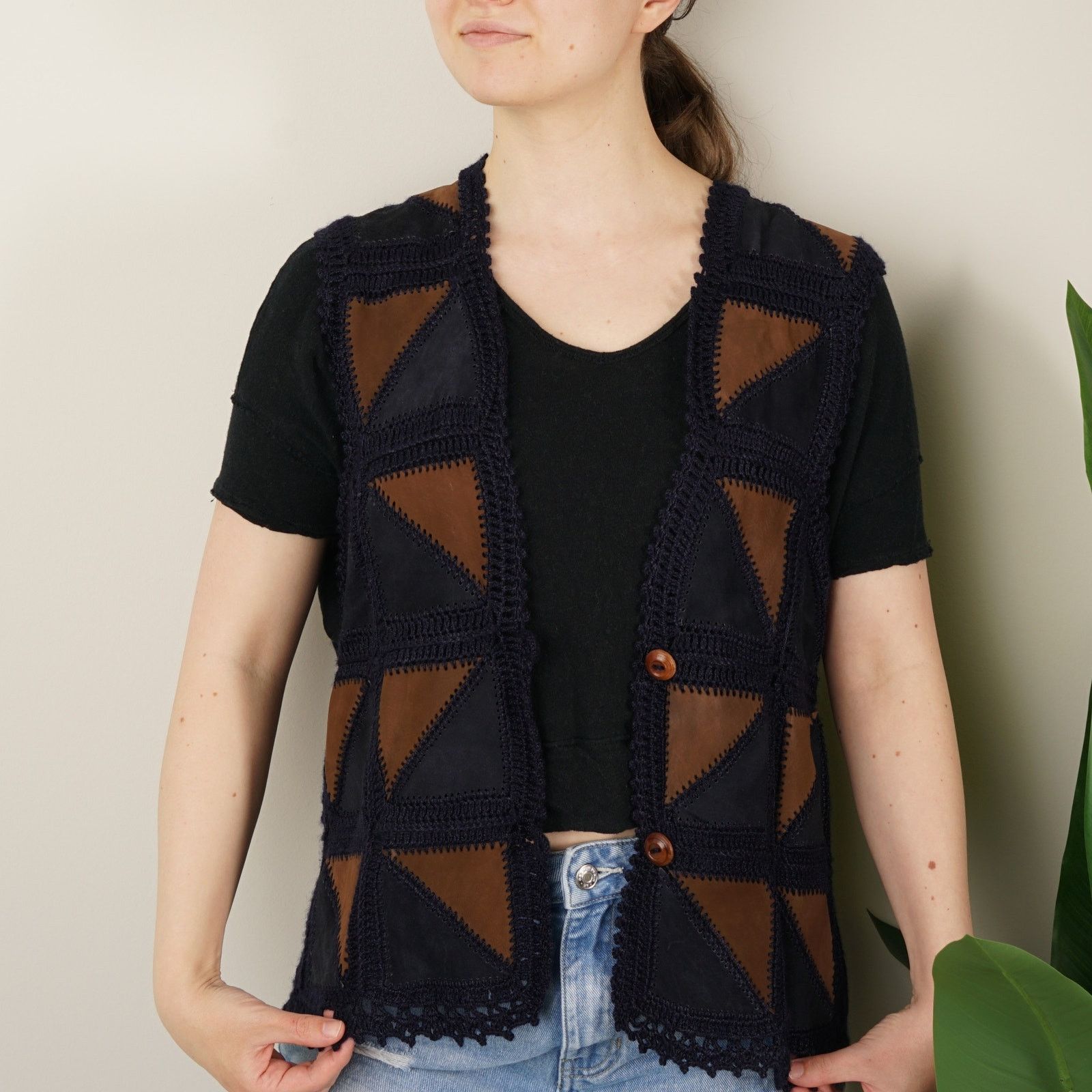 Vintage 1970s Suede Crochet Patchwork Vest Wooden Buttons