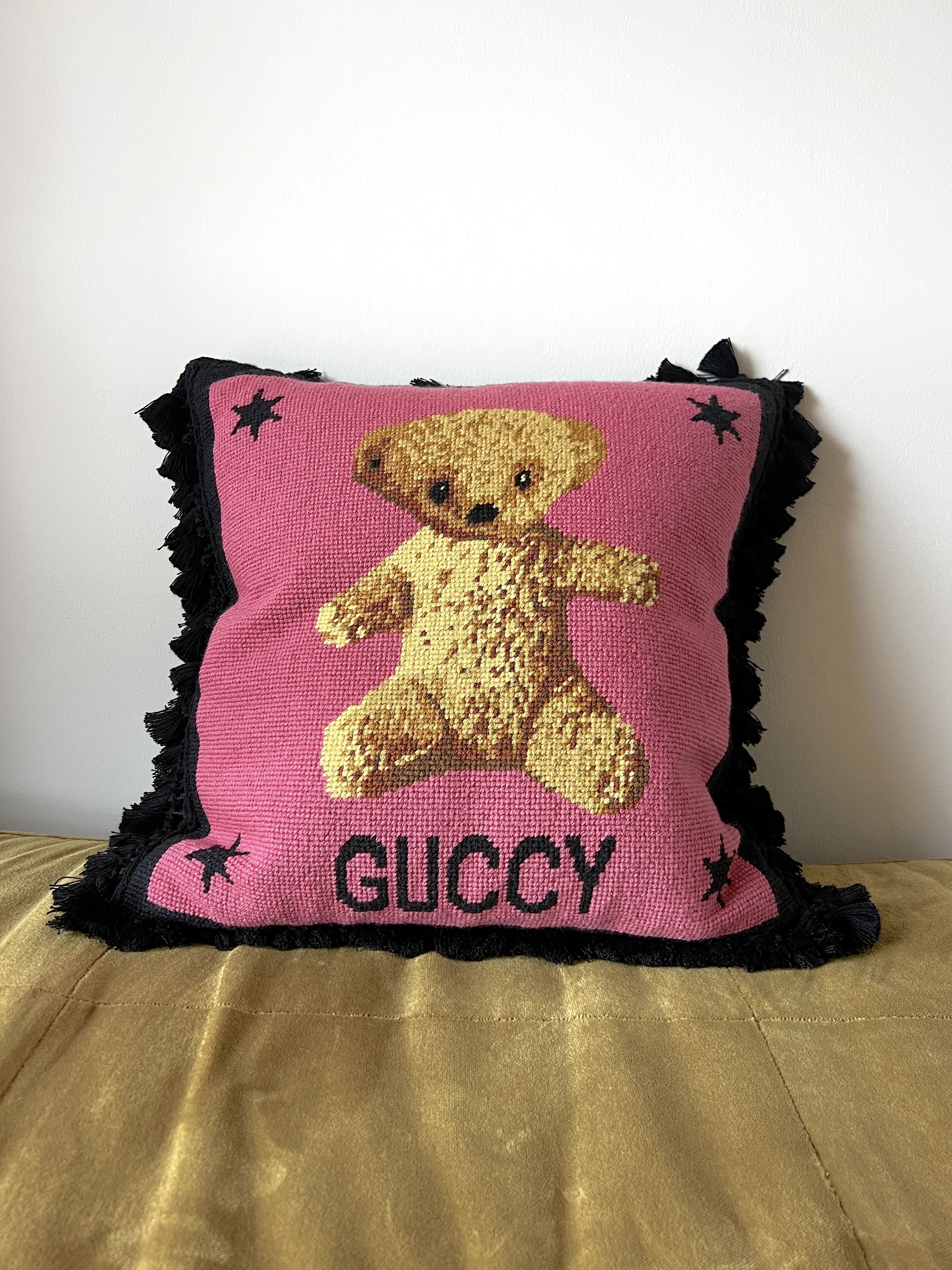 image of Gucci Needlepoint Teddy Bear Cushion in Pink, Men's