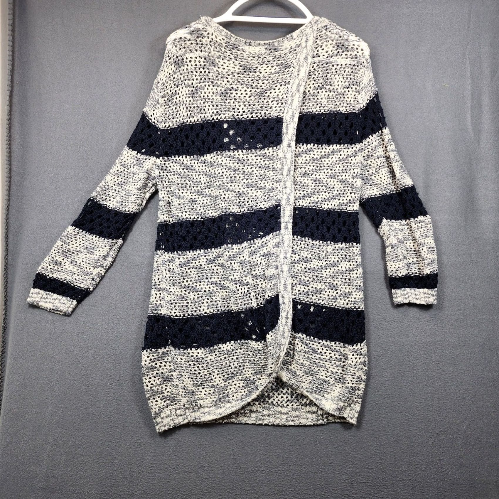 Vintage VINTAGE New York & Co Womens Sweater XL Navy Blue Open Knit Cover Up Striped Lagenlook Size XL / US 12-14 / IT 48-50 - 2 Thumbnail