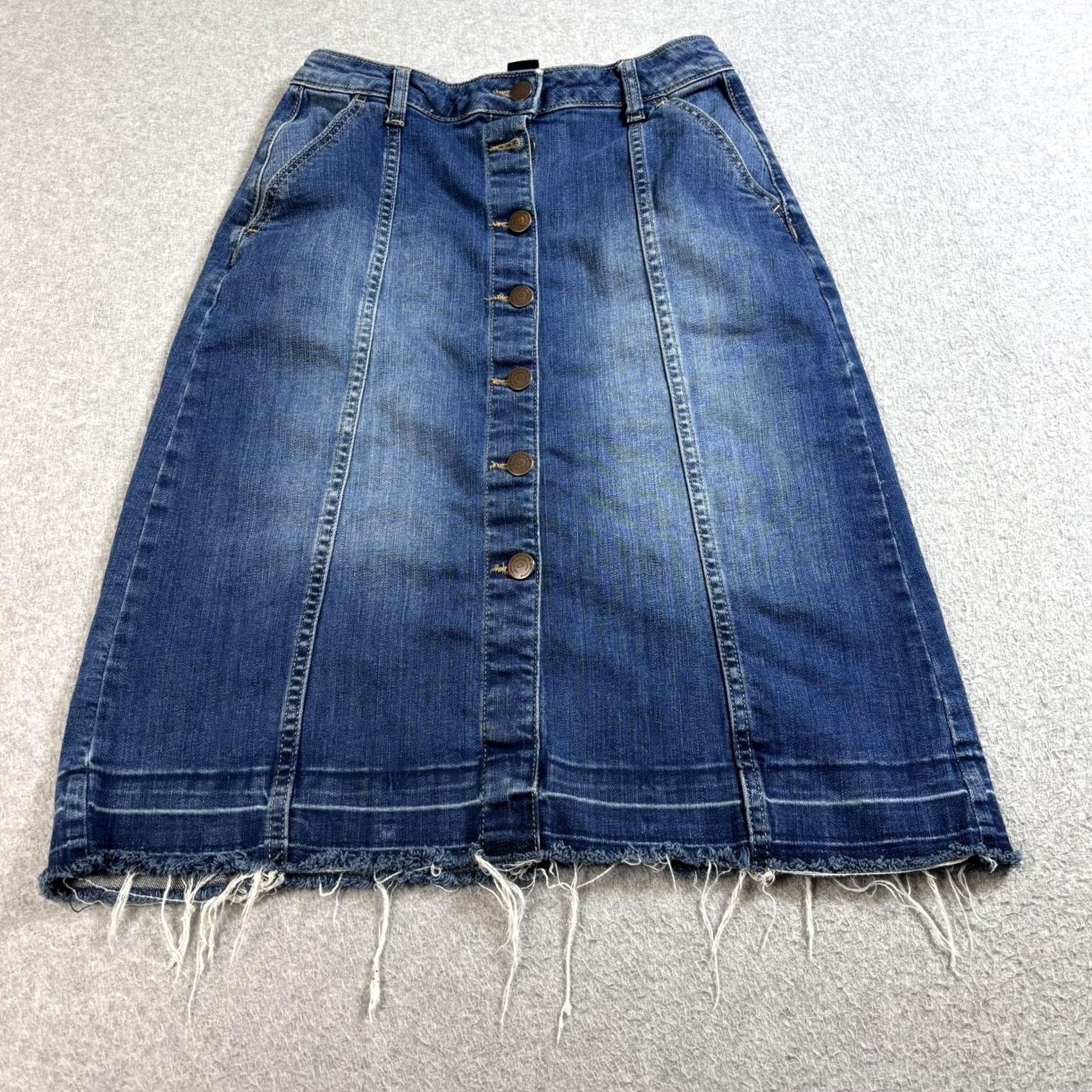 Vintage VINTAGE Lindex Skirt Women S Denim Button Front A-Line Boho Fringe Pockets Midi Blue Denim Size 28" / US 6 / IT 42 - 2 Thumbnail