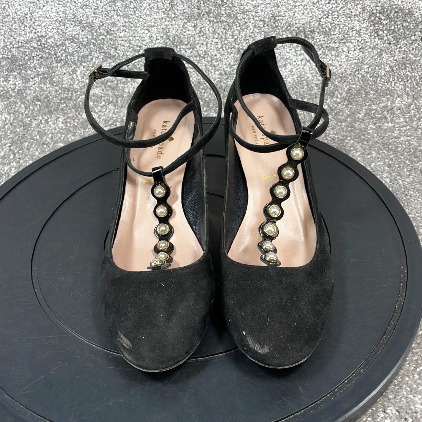 Melissa Kate Spade Heels Women's Size 9.5 M Elissa Pearl Buckle T-Strap Black Suede Size US 10 / IT 40 - 2 Thumbnail