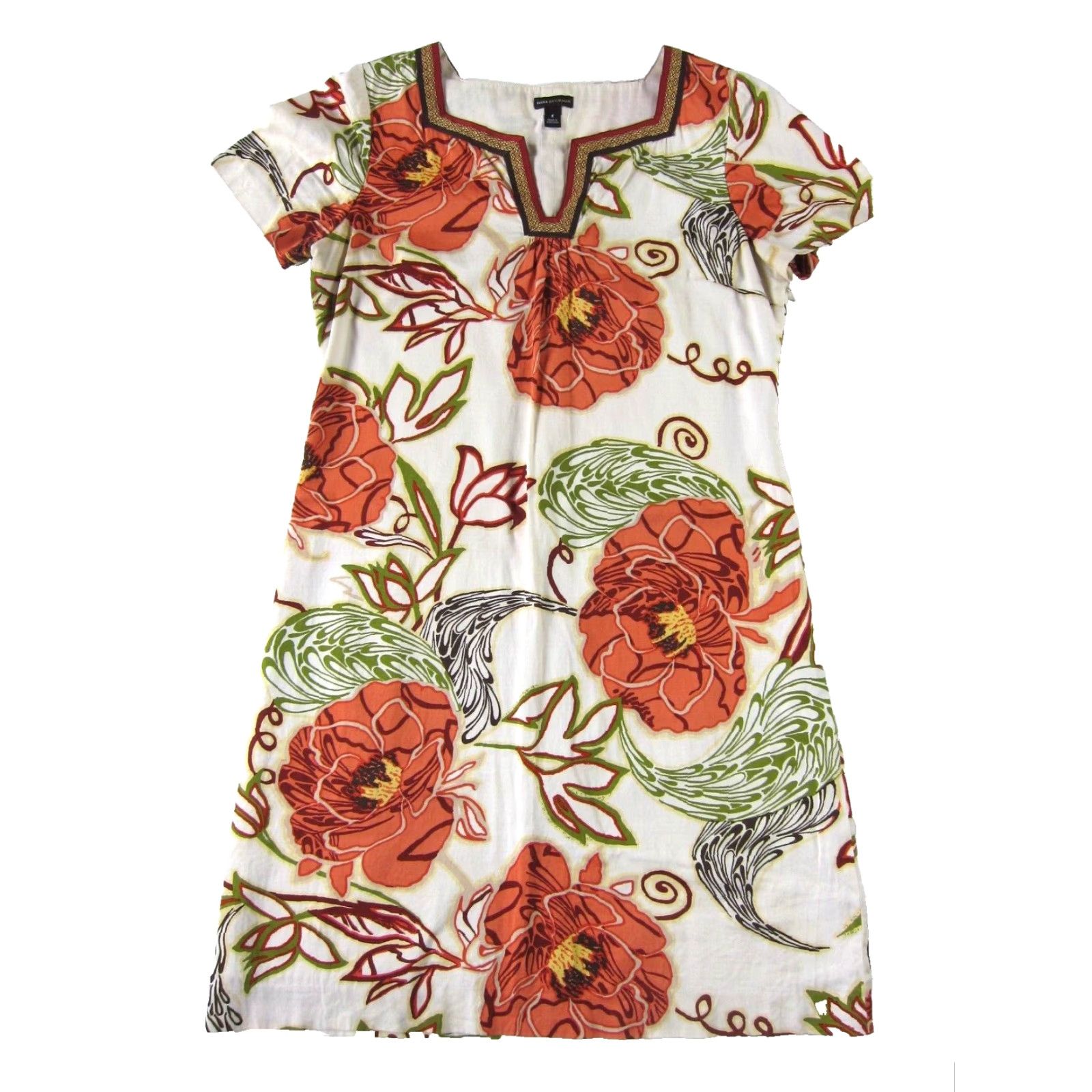 Vintage Dana Buchman Shift Dress 8 Women Short Sleeve Ivory Floral Cotton Stretch Kaftan Pencil Sheath Shirt Dress V-Neck 8 Size 30" / US 8 / IT 44 - 2 Thumbnail