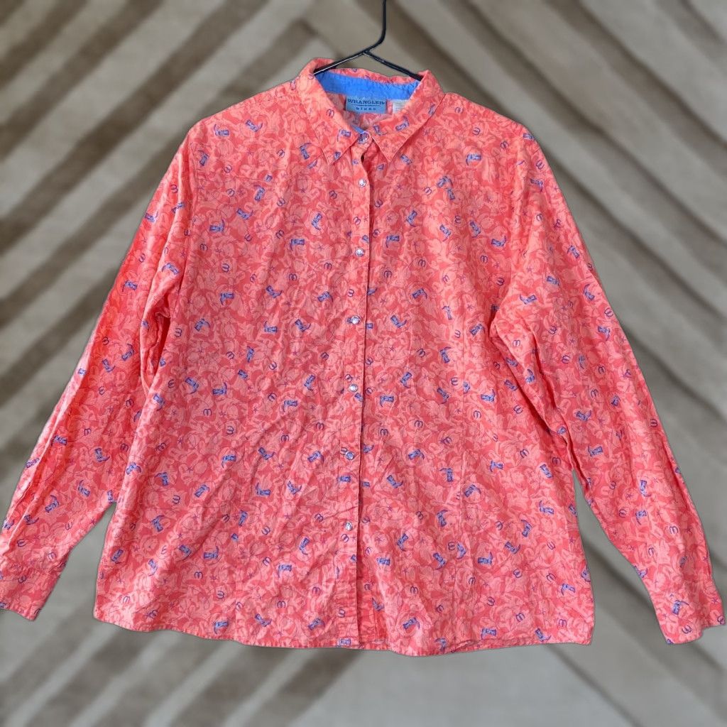 Wrangler Blues Mens Shirt Salmon Cowboy Boots Print Collared Pearl Snap Shirt Mens 2Xl Red Western Cowboys Boots Pearl Snap Long Sleeve Button-Up
