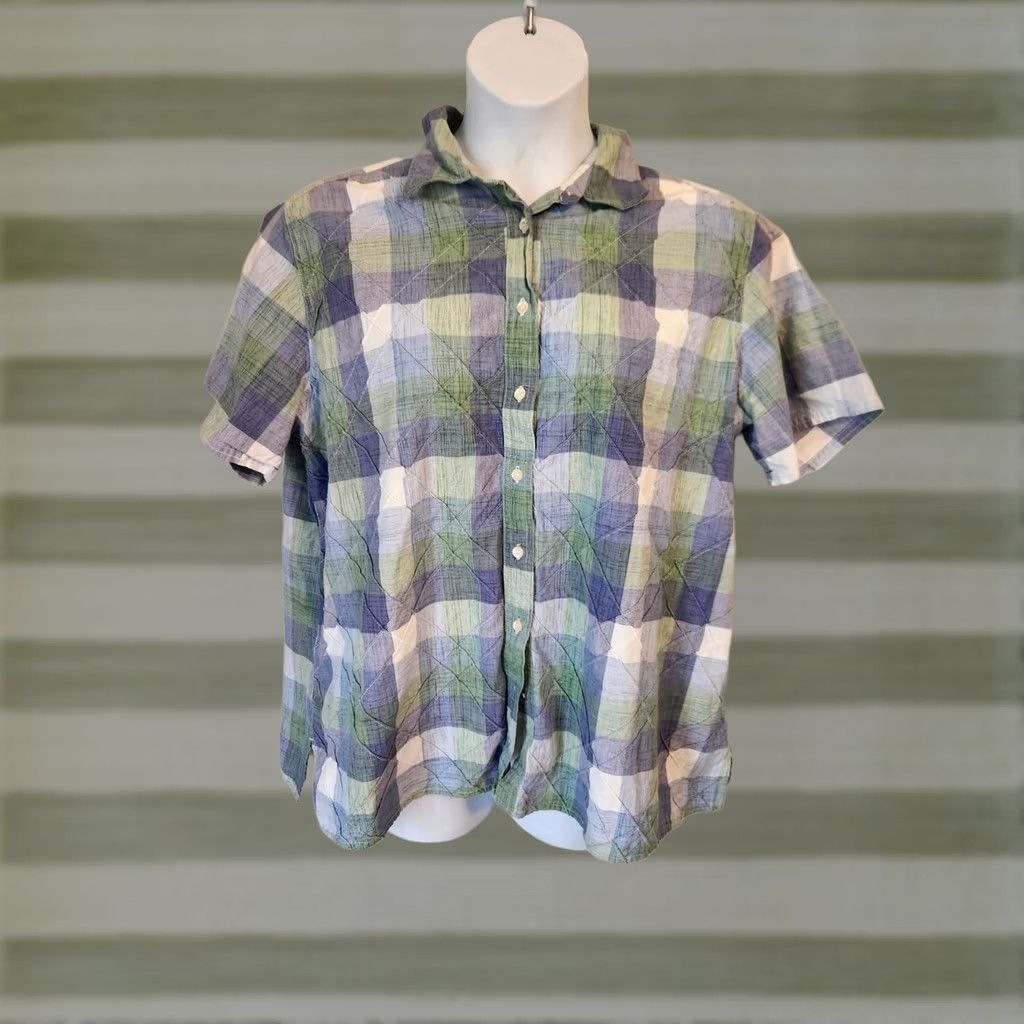 Vintage Classic Elements Button-Up Plaid Shirt 20W Purple Lavender Green Short Sleeve Collared Casual Women Plus Size Women Size 3XL / US 20-22 - 1 Thumbnail