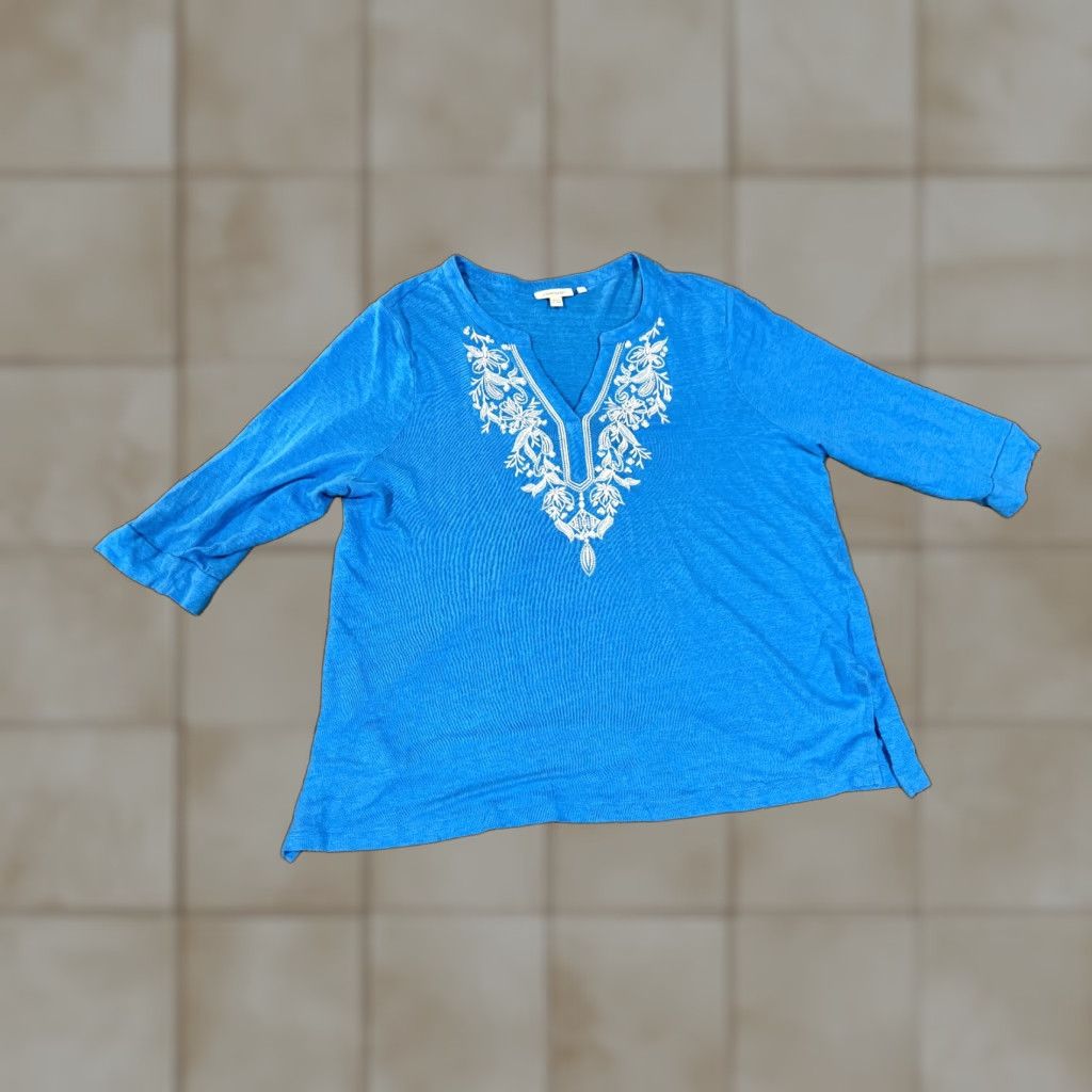 Vintage Chicos Tunic Top Womens Blouse Shirt Blue 4 Linen Embroidered V-Neck Long Sleeve Casual Pullover All Seasons Regular Size S / US 4 / IT 40 - 1 Thumbnail