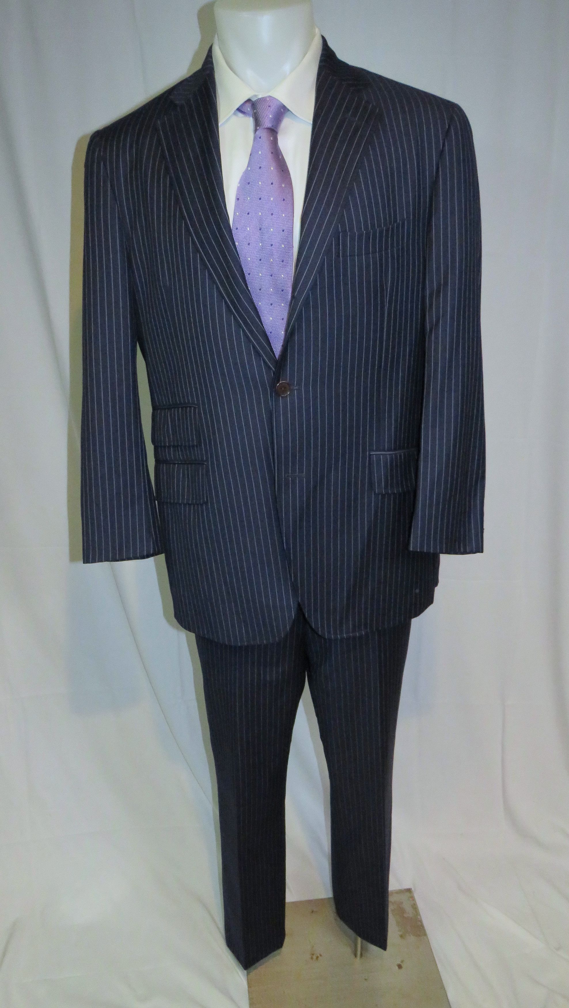 Etro Navy Blue Striped Flat Front Three Roll Two Suit 44 Size 44R - 1 Thumbnail