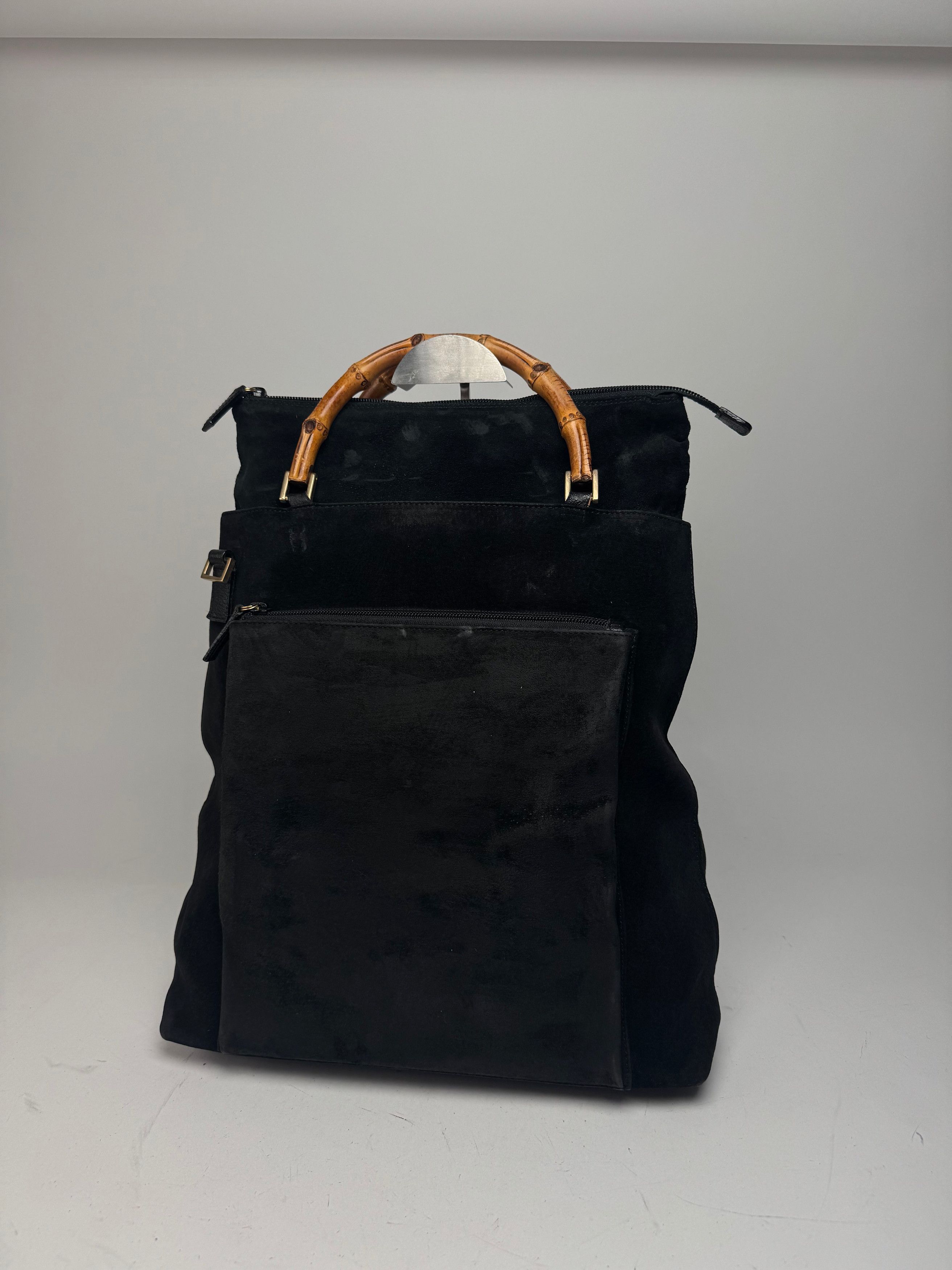 Vintage Bamboo Top Handle Suede Leather Bag black