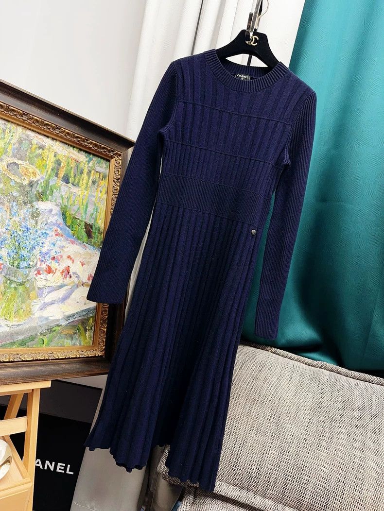 Chanel Chanel Dark blue vertical striped cashmere dress Size XS / US 0-2 / IT 36-38 - 1 Thumbnail