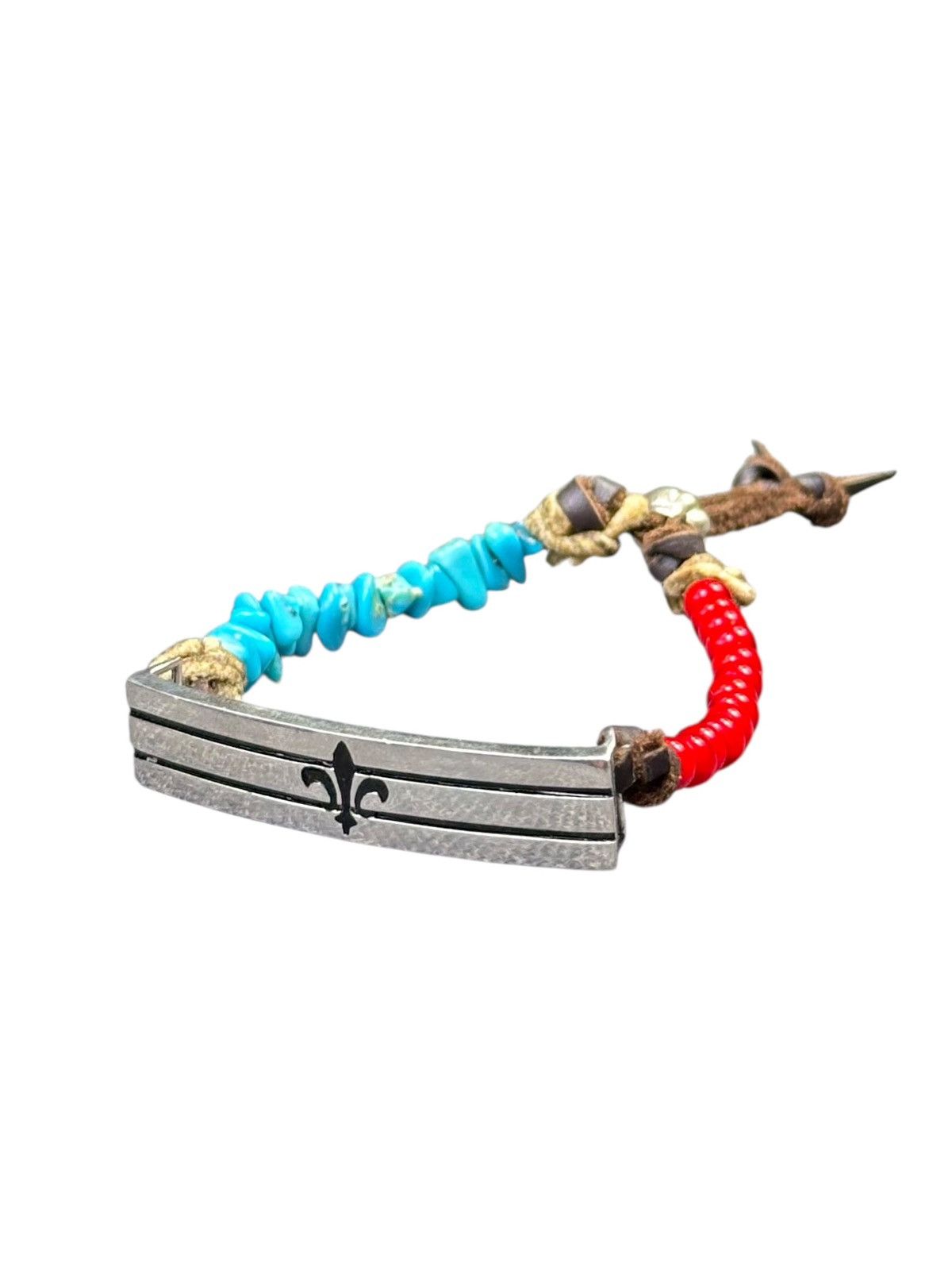 Handmade FLEUR DE LIS SILVER BAR WHITE HEART BEADS TURQUOISE BRACELET Size ONE SIZE - 1 Thumbnail