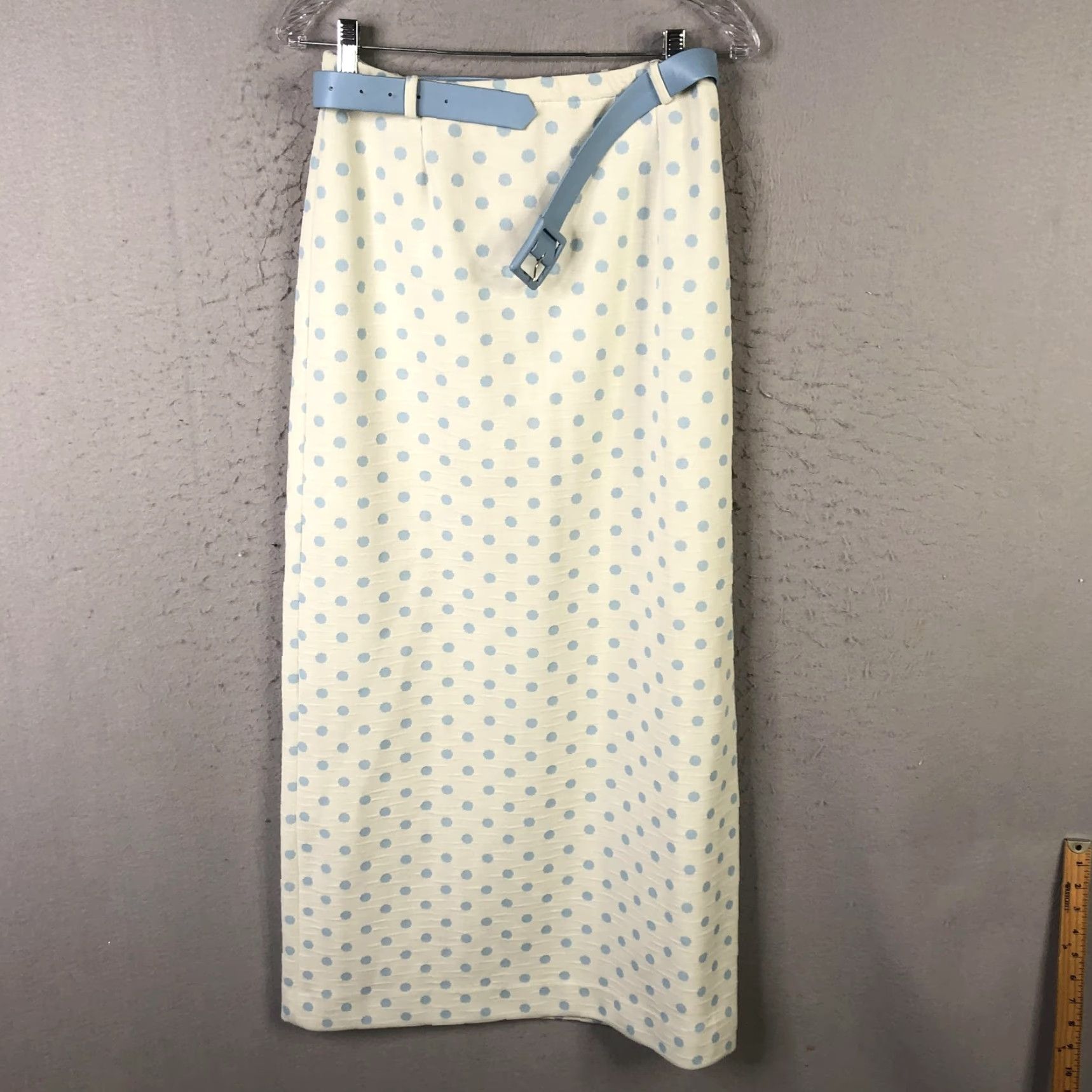 VINTAGE Paula Brooks Skirt Suit Set Womens 12 3 Piece Blue White Polka Dot Ivory Off-White 70s