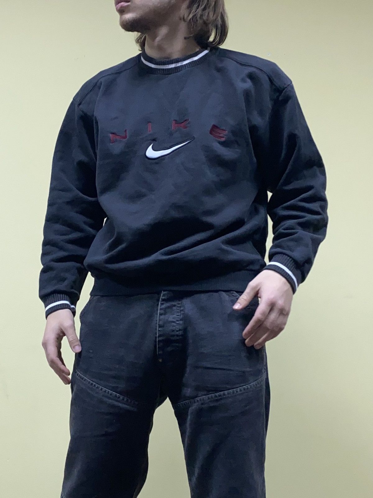 image of 1990X Clothing x Nike 90's Faded Spell Out Big Swoosh Sweatshirt in Black, Men's (Size Medium)