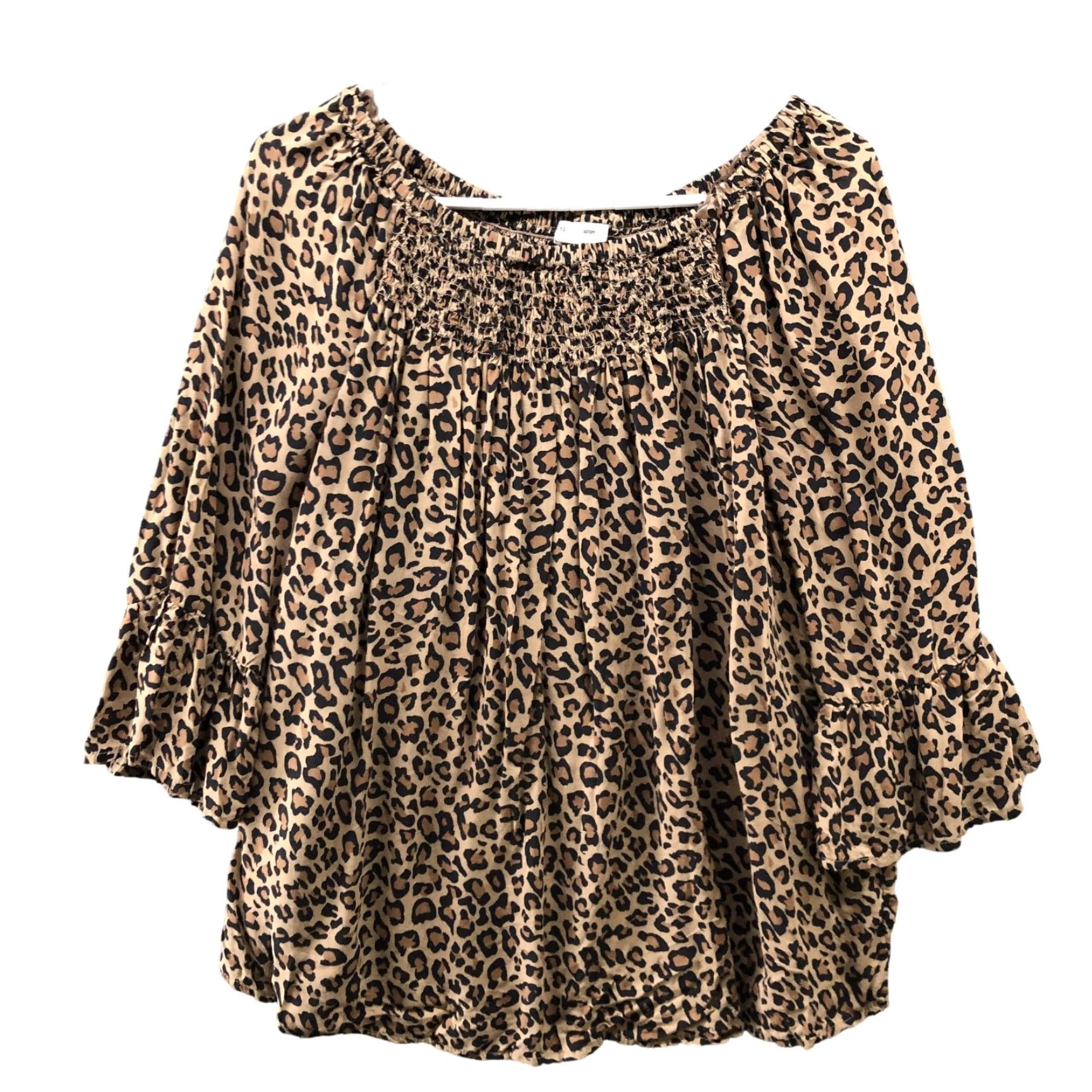 Vintage Beach Lunch Lounge Leopard Print Top Womens L 3/4 Sleeve Ruffle Smocked Peasant Blouse Beige Size L / US 10 / IT 46 - 2 Thumbnail