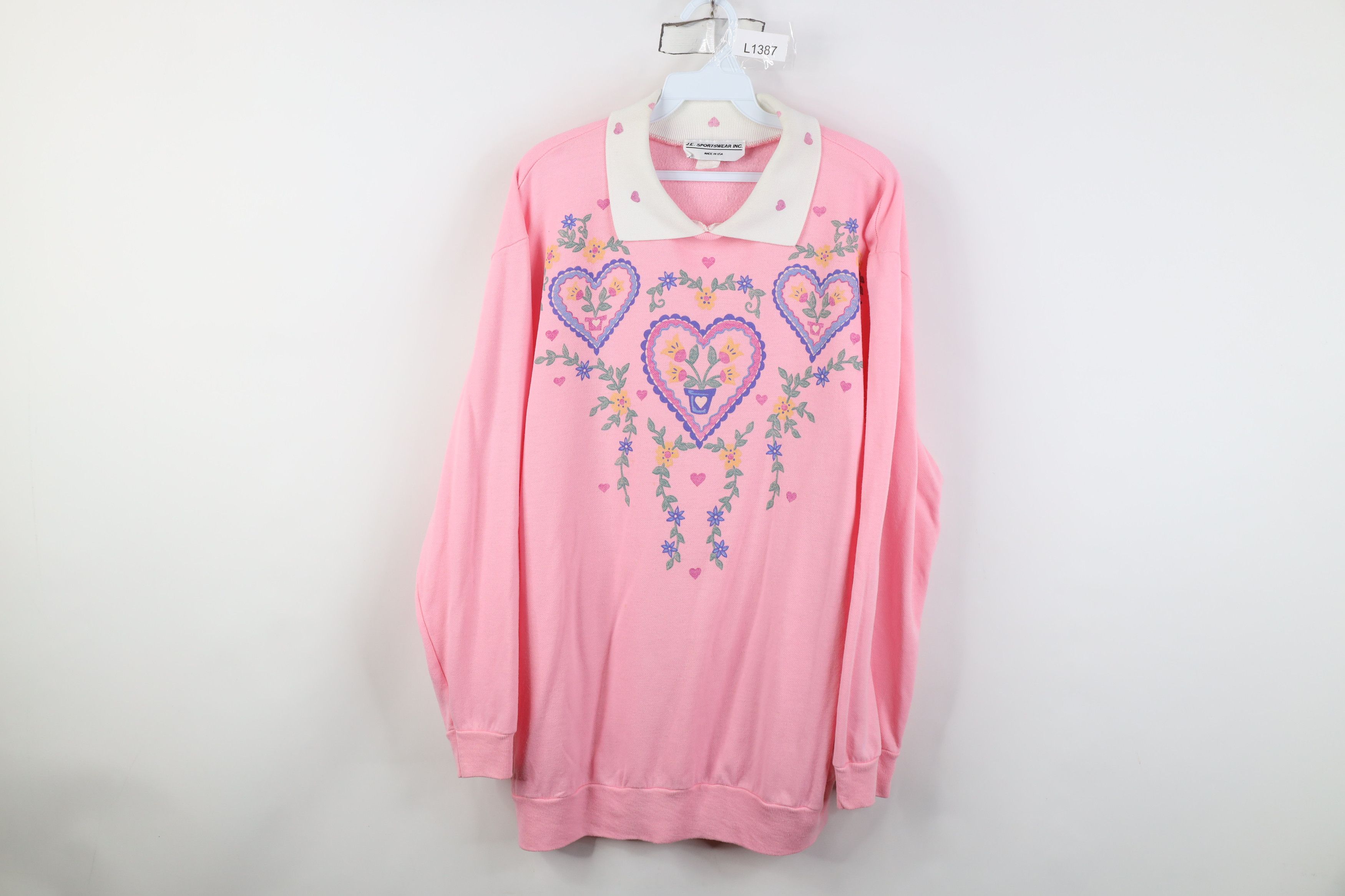 Vintage Vintage 90s Streetwear Flower Heart Collared Sweatshirt USA Size L / US 10 / IT 46 - 1 Thumbnail