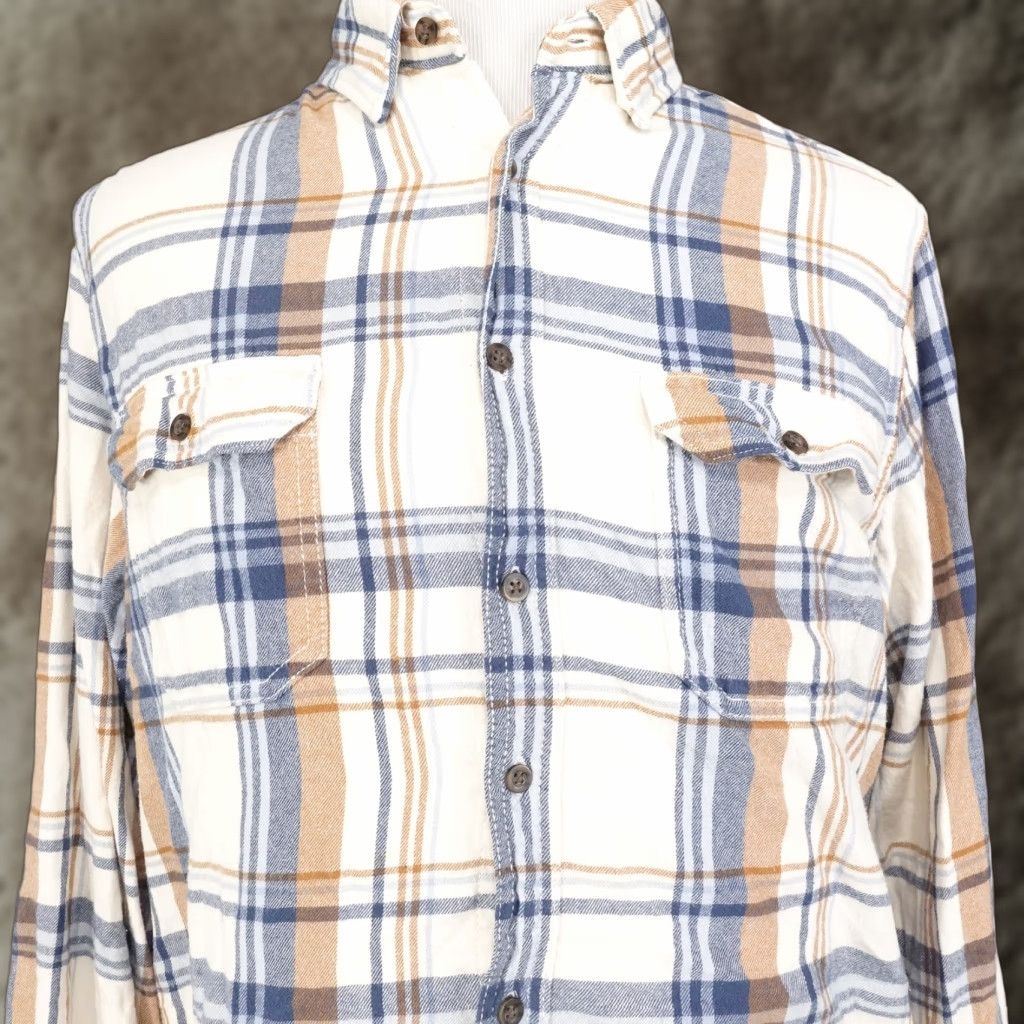 George George Men's XL Flannel Shirt Blue Tan White Plaid Button-Up Long Sleeve Casual Office Warm Corduroy Size US XL / EU 56 / 4 - 1 Thumbnail