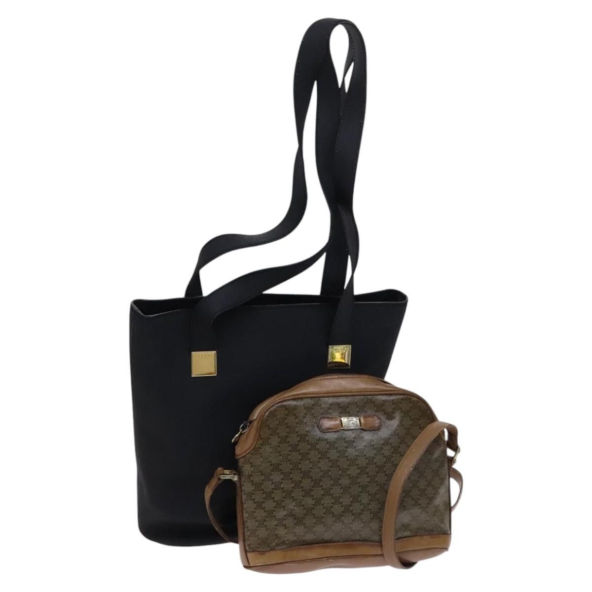 Celine Macadam Canvas Shoulder Bag Leather 2Set Beige Black Auth Bs23709, Women's