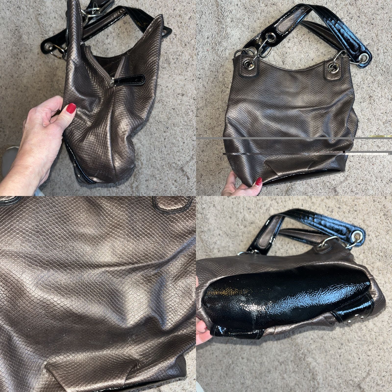 Doublet VINTAGE Kathy Van Zeeland Shoulder Bag Croc Embossed Brown Black Silver Studs Slouchy Boho Double Straps Size ONE SIZE - 8 Thumbnail