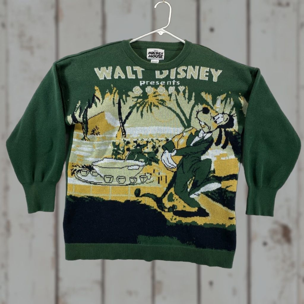 Disney VINTAGE Walt Disney Mickey Mouse Goofy Medium Green Knit Sweater Pullover How to Dance Shirt Unisex Adults M Green Graphic Print 90s Mens Size US M / EU 48-50 / 2 - 1 Thumbnail