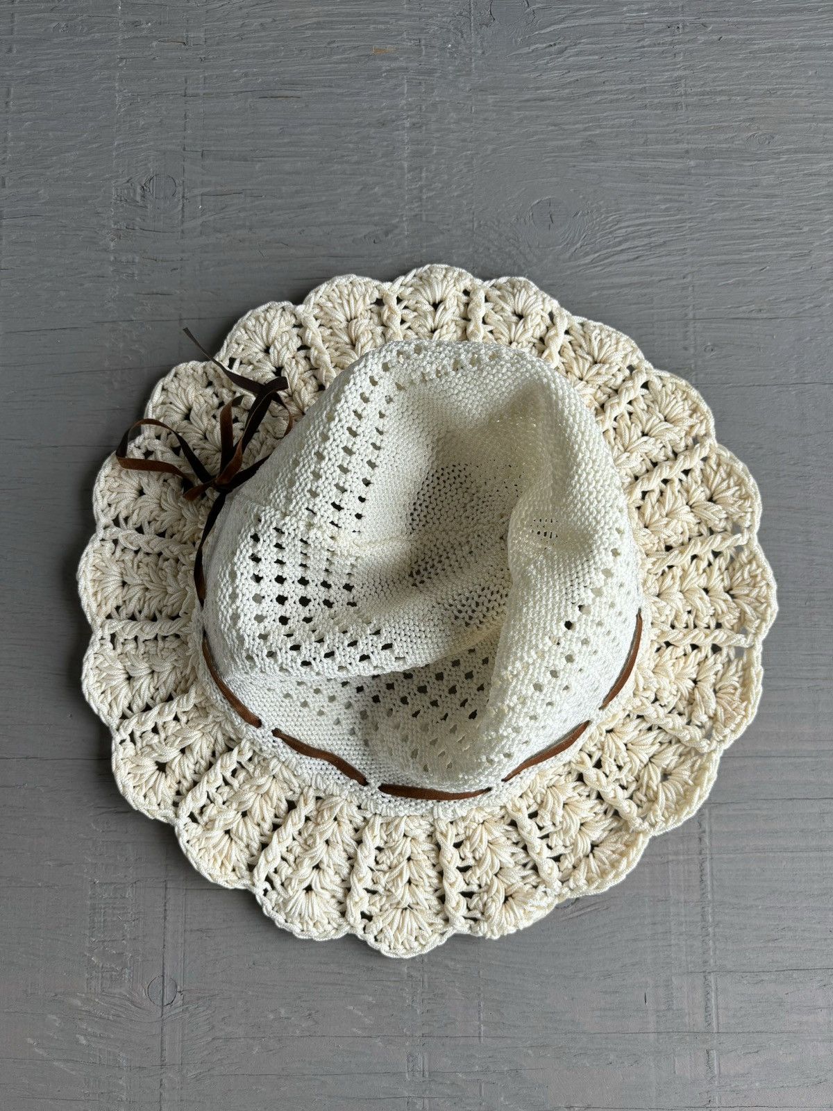 Handmade × Japanese Brand × Vintage Crochet Knit Bucket Hat 70s Vintage Sun Hat Lace Ribbon Mesh Size ONE SIZE - 3 Thumbnail