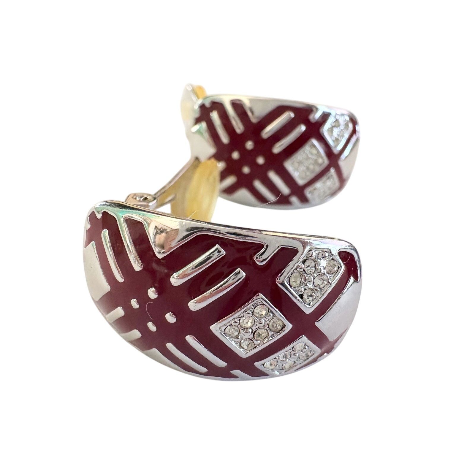 Burberry Burberry Silver and Maroon Nova Check Clip On Earrings Size ONE SIZE - 9 Thumbnail