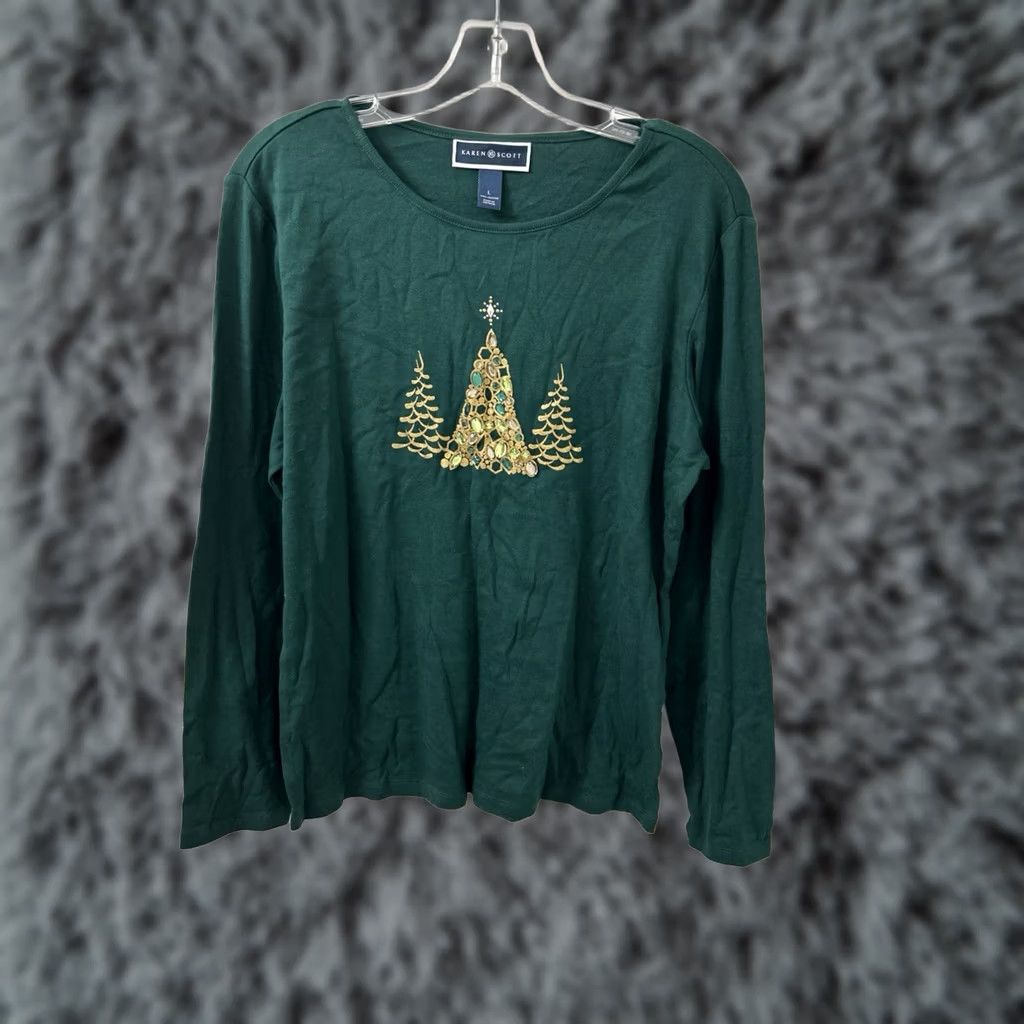 Vintage Karen Scott Womens L Green Christmas Tree Rhinestone Long Sleeve Shirt NWT Size L / US 10 / IT 46 - 1 Thumbnail