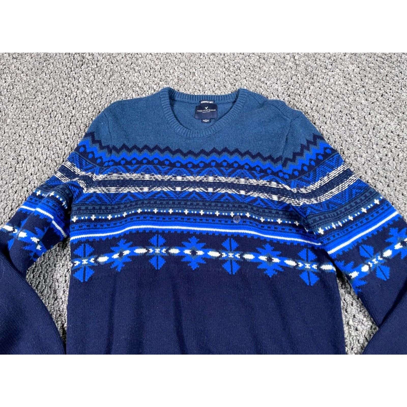 American Eagle Outfitters AMERICAN EAGLE OUTLETTERS Geometric Pattern Sweater Big & Tall LT Dark Blue Chunky Knit Pullover Mens 90s Retro Size US L / EU 52-54 / 3 - 4 Thumbnail